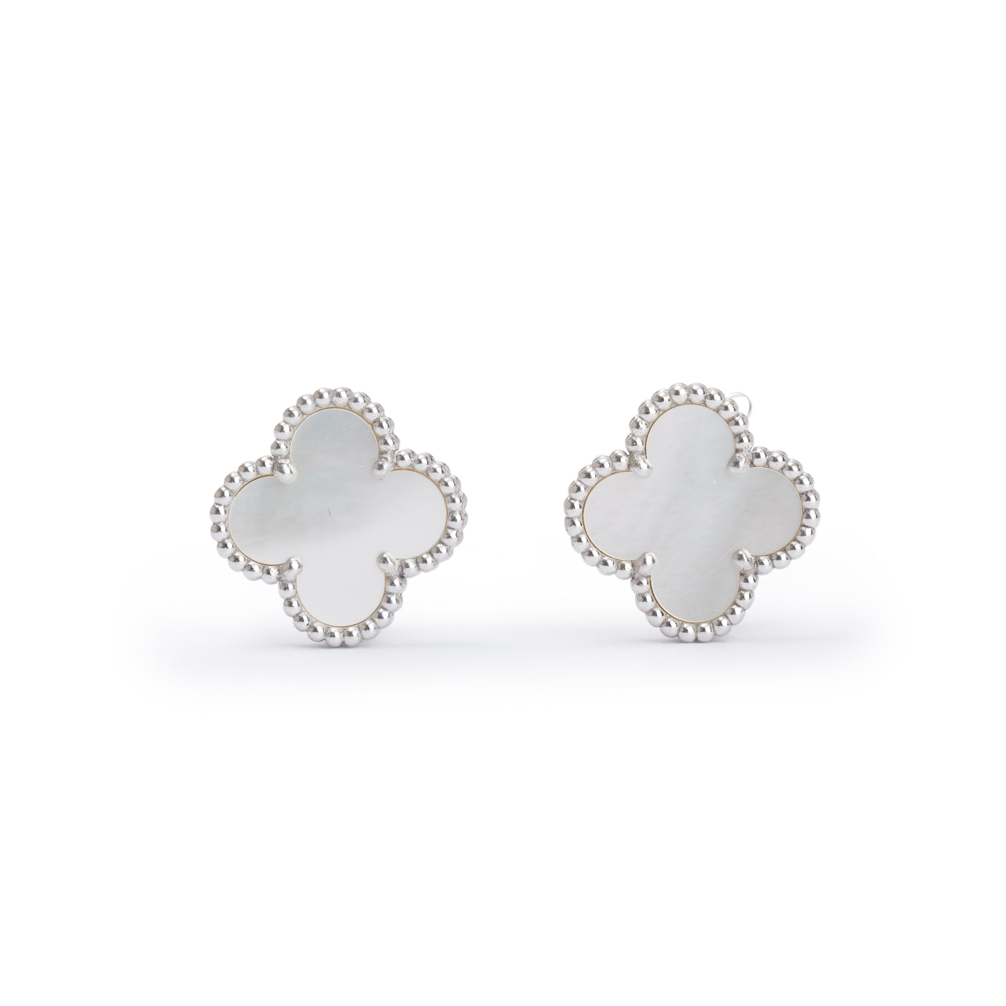 Van Cleef & Arpels 18k White Gold Vintage Alhambra Mother of Pearl Stud Earrings w/ Box