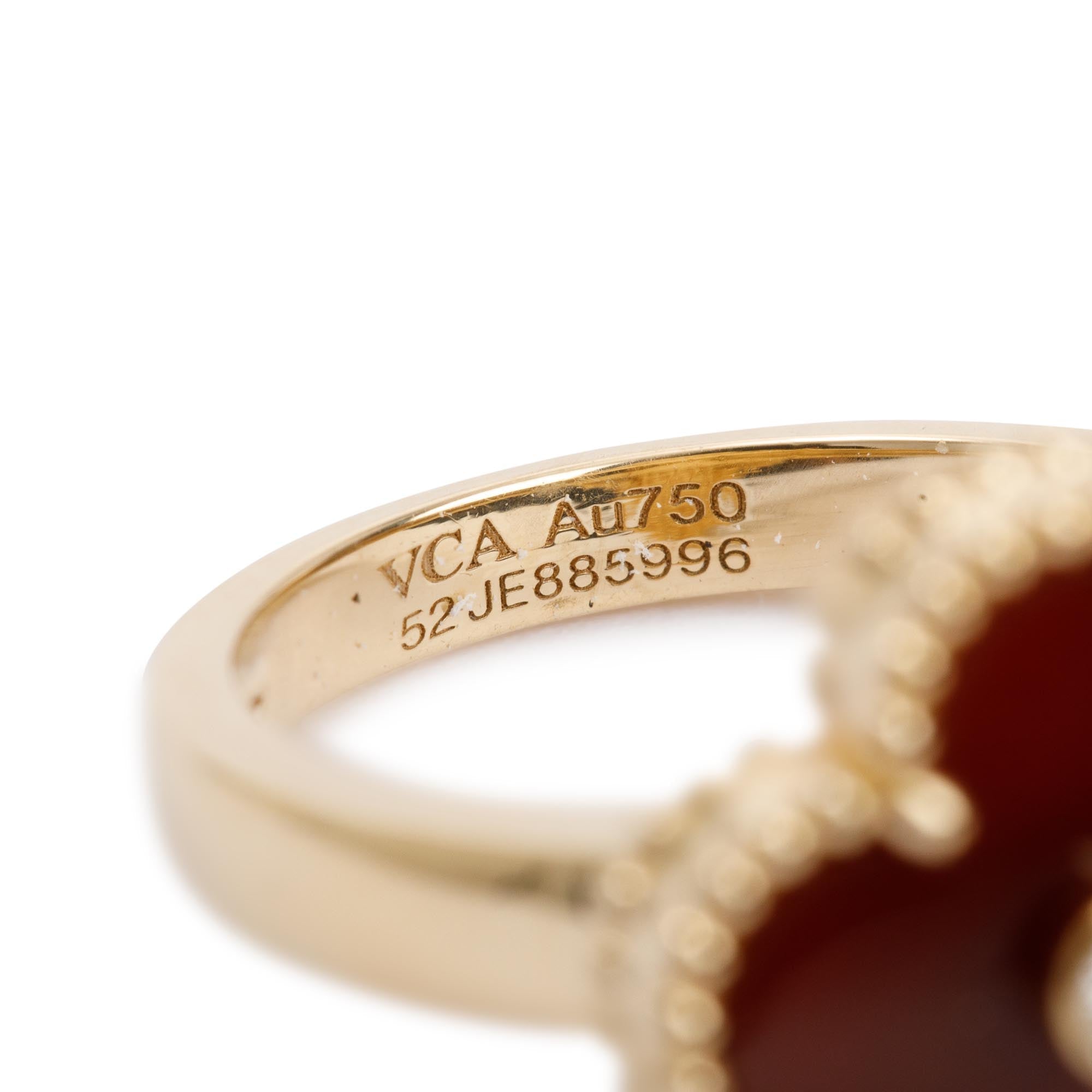 Van Cleef & Arpels 18k Yellow Gold Carnelian & Diamond Vintage Alhambra Ring, Size 52 5.5