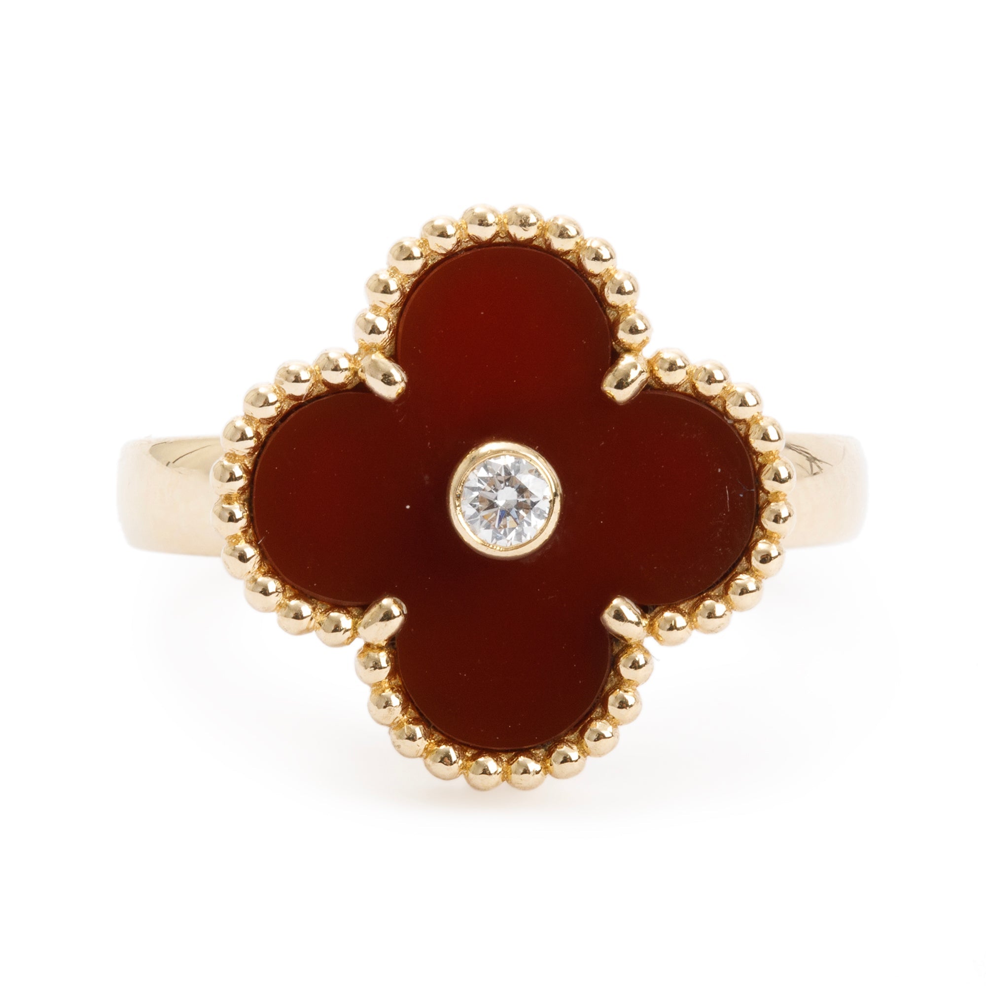 Van Cleef & Arpels 18k Yellow Gold Carnelian & Diamond Vintage Alhambra Ring, Size 52 5.5