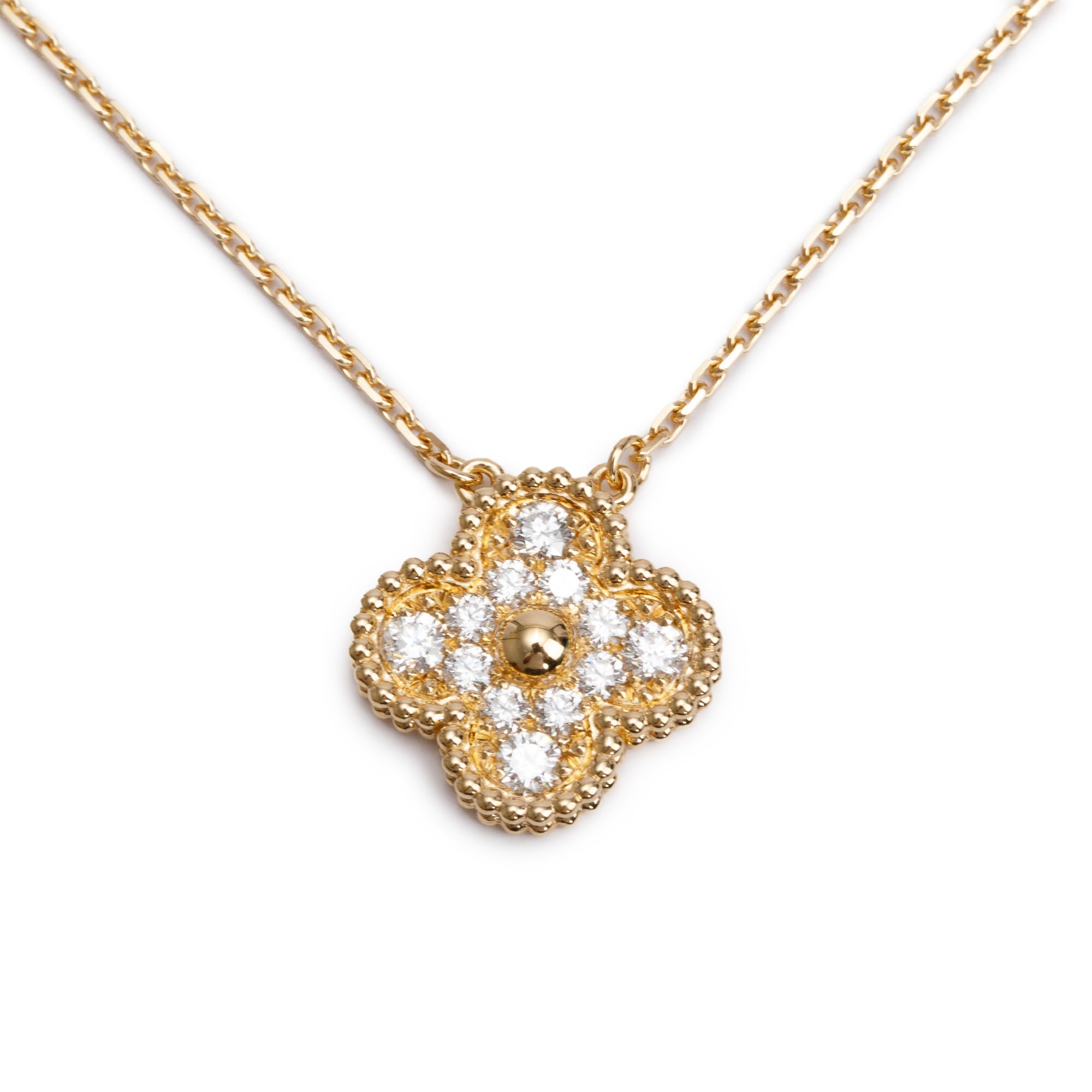 Van Cleef & Arpels 18k Yellow Gold Diamond Vintage Alhambra Pendant Necklace w/ Box & Certificate