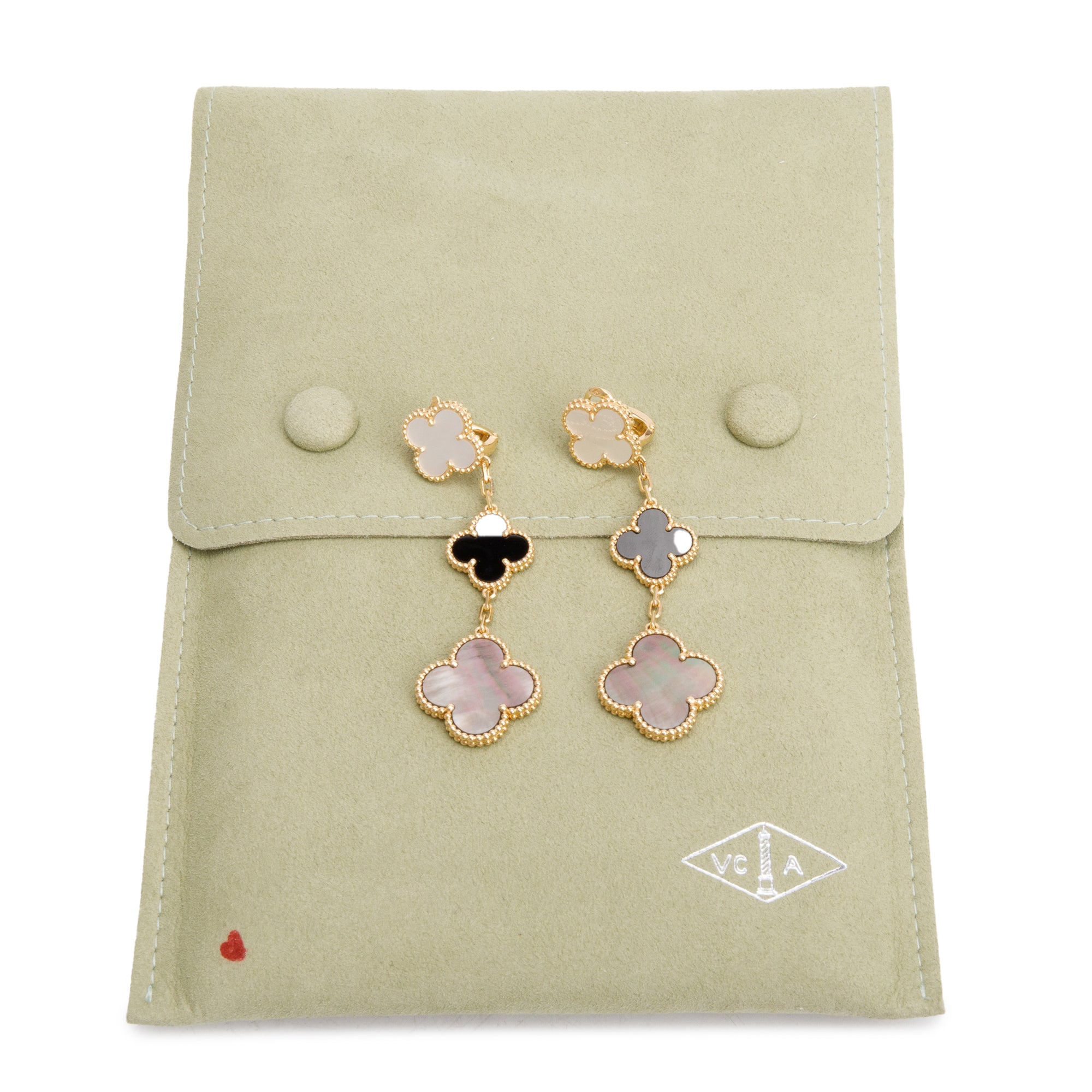 Van Cleef & Arpels 18k Yellow Gold Magic Alhambra 3 Motif Mother of Pearl & Onyx Drop Earrings w/ Receipt