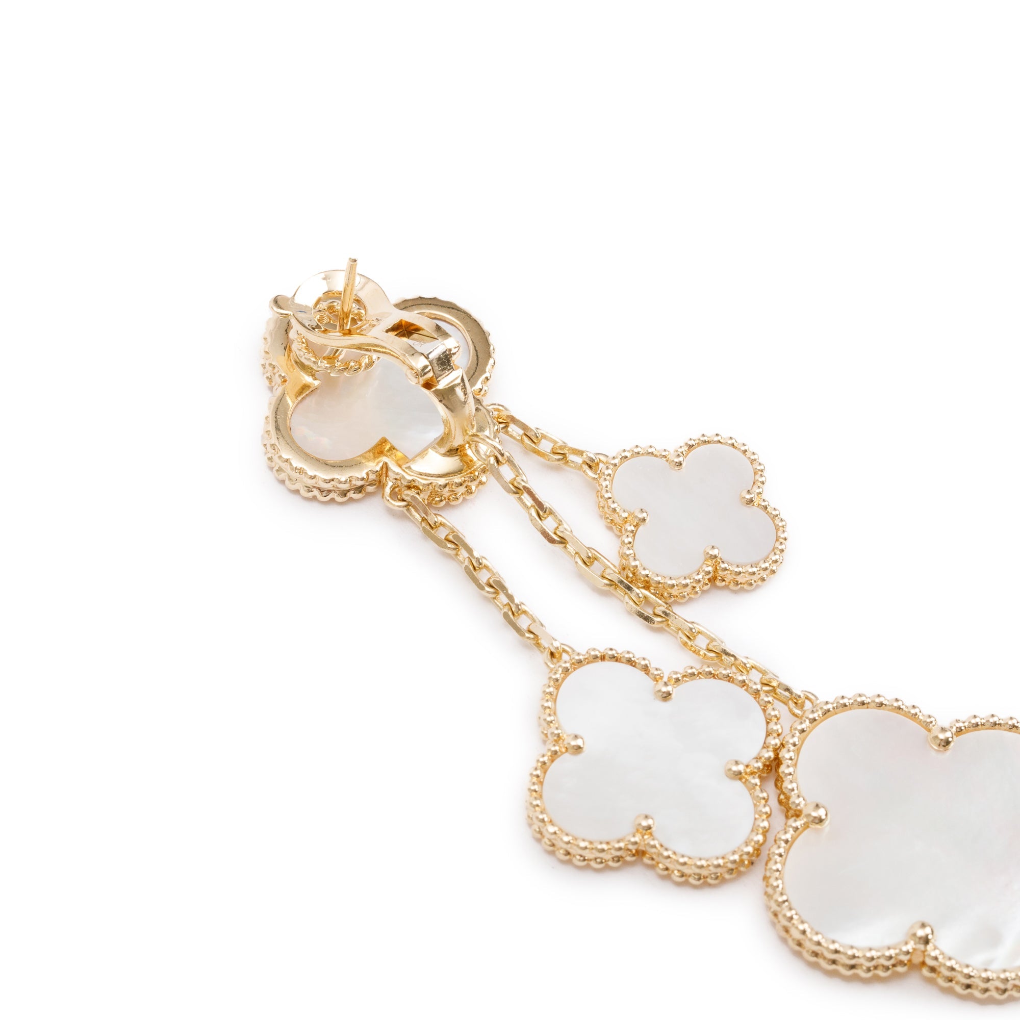 Van Cleef & Arpels 18k Yellow Gold Magic Alhambra 4 Motif Mother of Pearl Drop Earrings