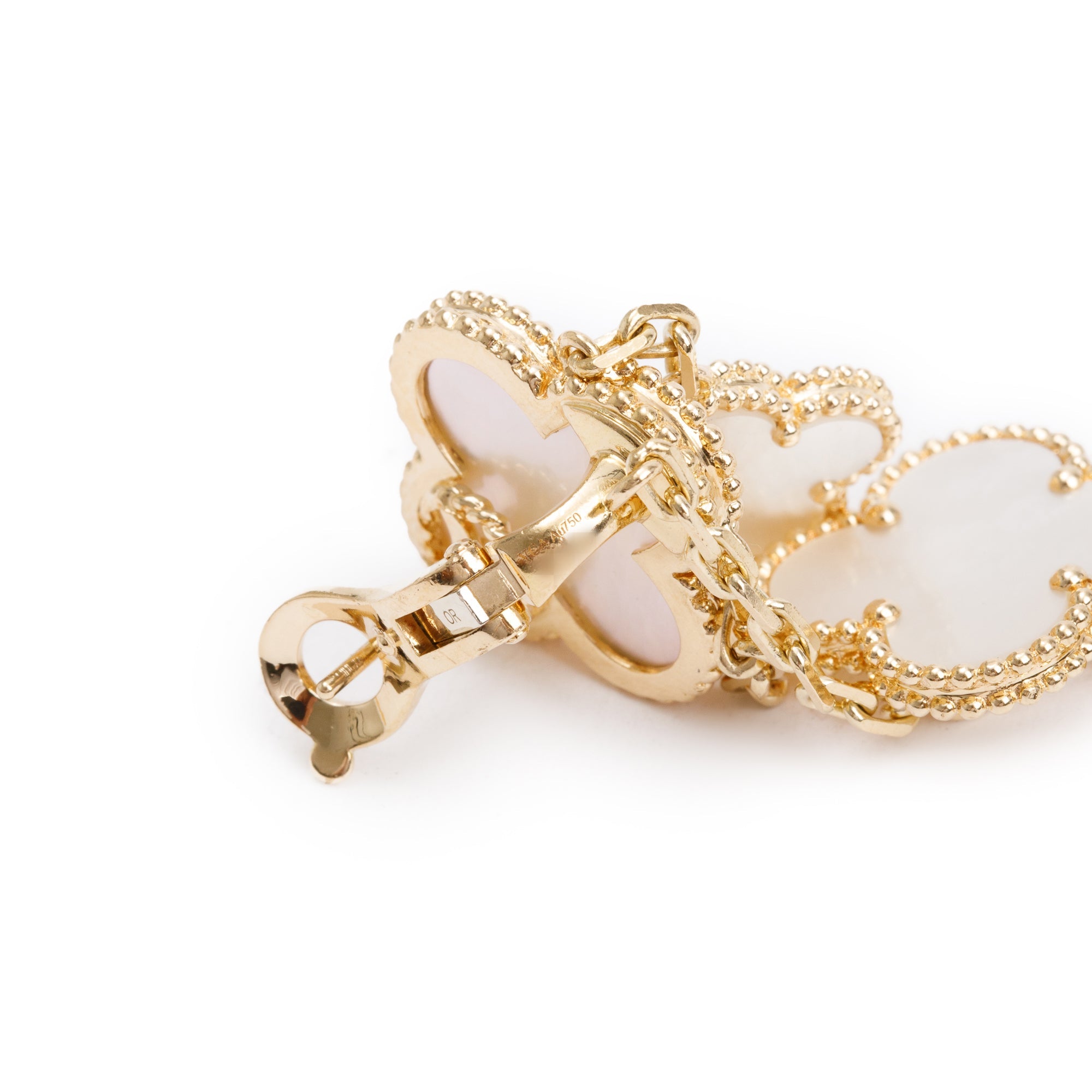 Van Cleef & Arpels 18k Yellow Gold Magic Alhambra 4 Motif Mother of Pearl Drop Earrings