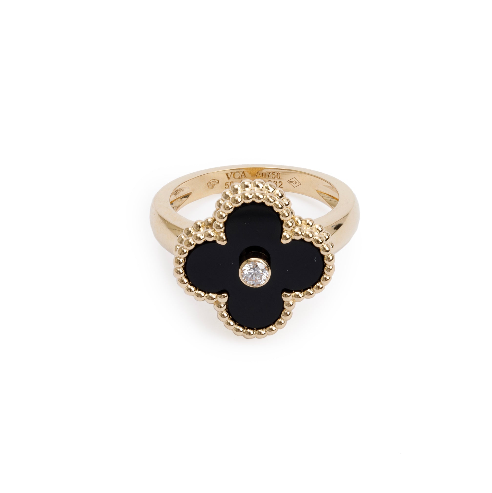 Van Cleef & Arpels 18k Yellow Gold Onyx & Diamond Vintage Alhambra Ring, Size 50 5.25 w/ Box, Certificate & Receipt