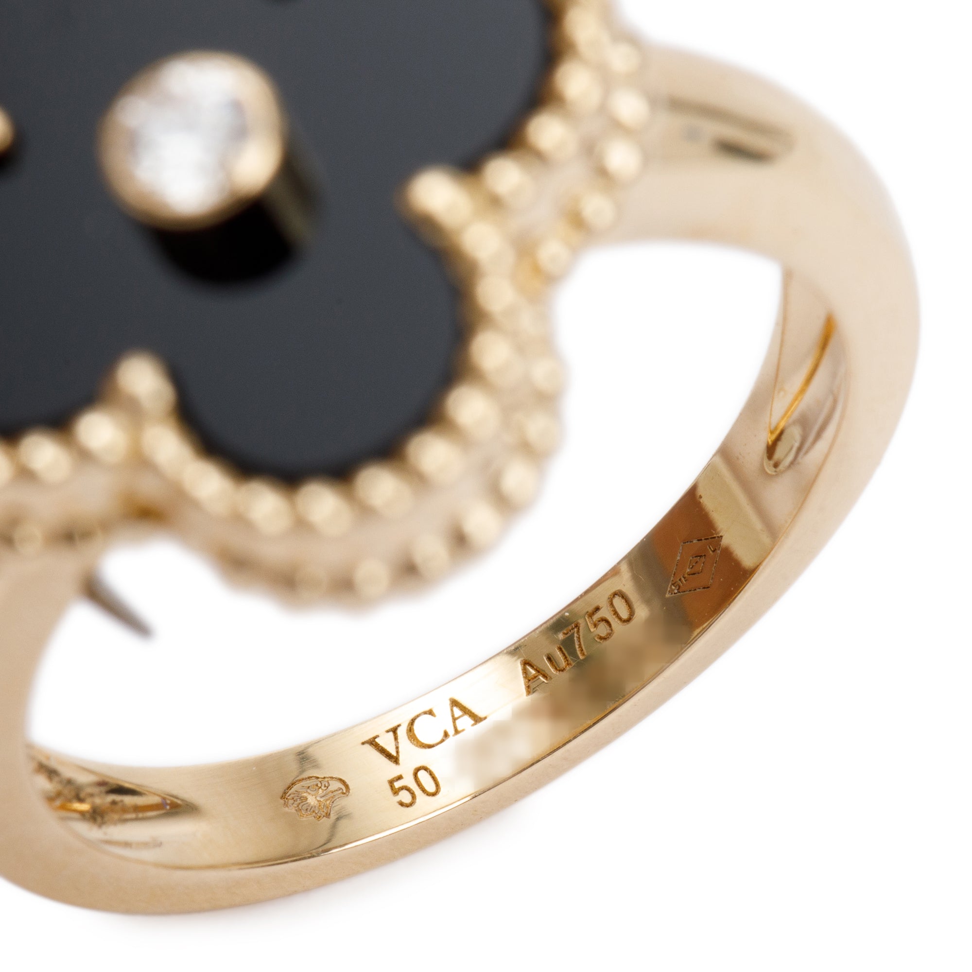 Van Cleef & Arpels 18k Yellow Gold Onyx & Diamond Vintage Alhambra Ring, Size 50 5.25 w/ Box, Certificate & Receipt