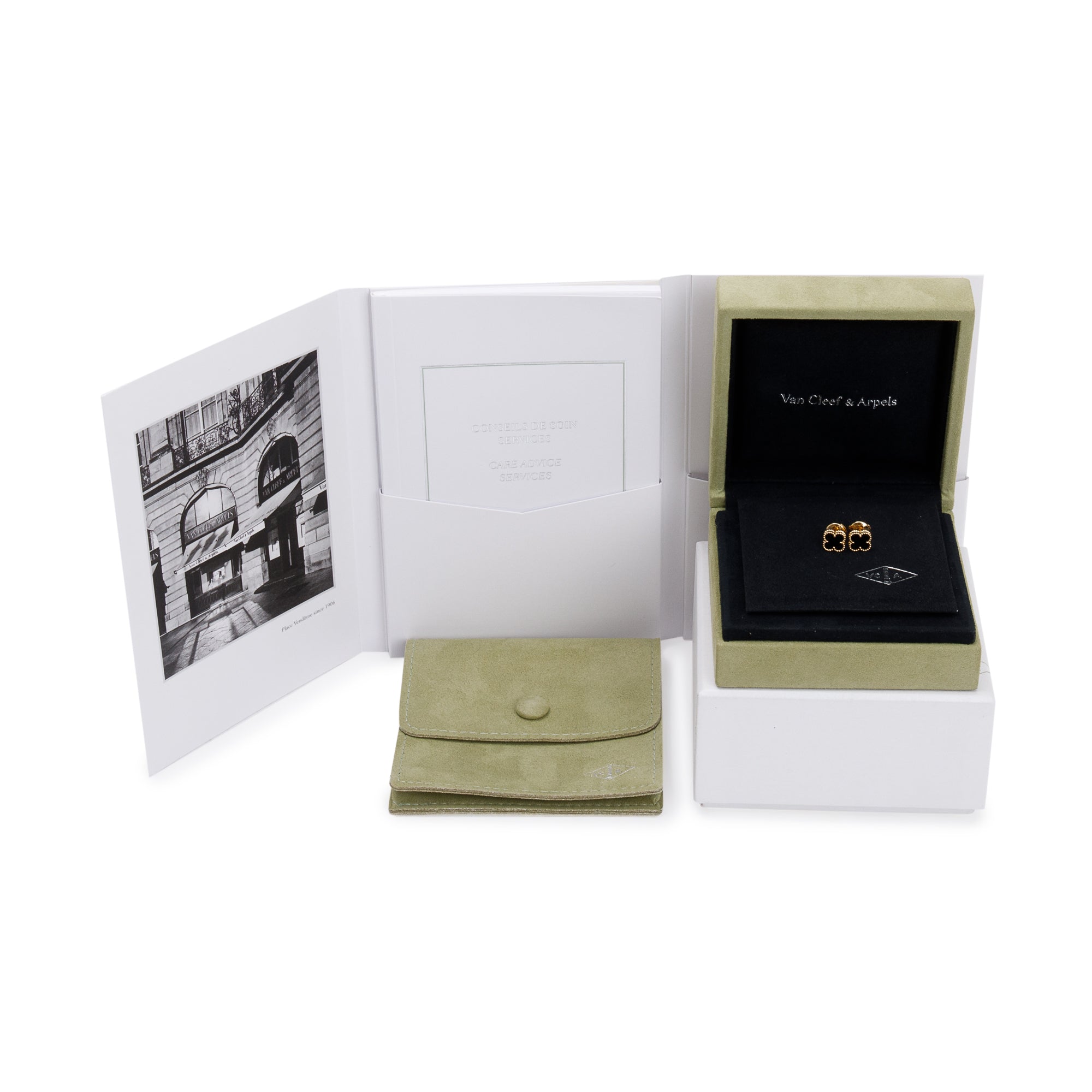 Van Cleef & Arpels 18k Yellow Gold Sweet Alhambra Onyx Stud Earrings w/ Box