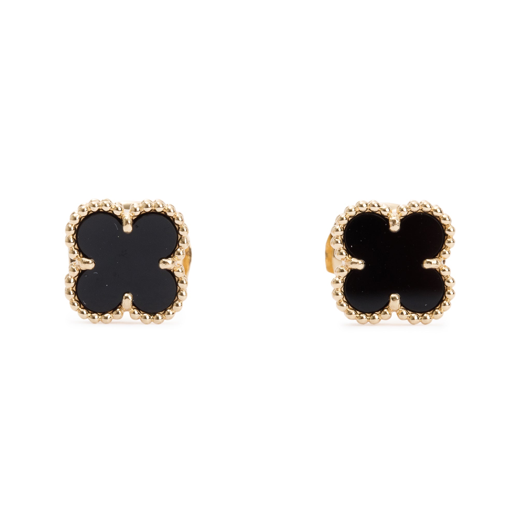 Van Cleef & Arpels 18k Yellow Gold Sweet Alhambra Onyx Stud Earrings w/ Box