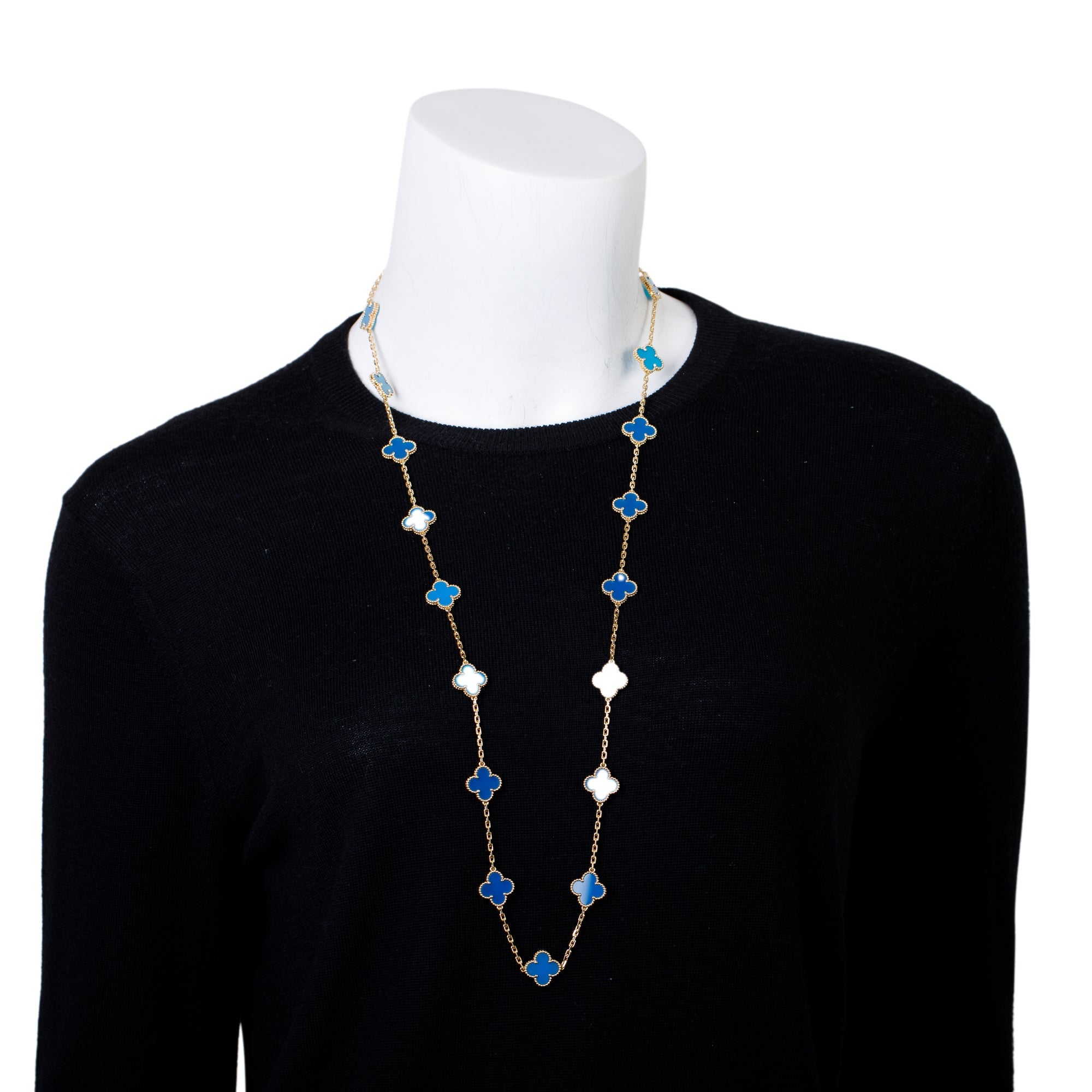 Van Cleef & Arpels 18k Yellow Gold Vintage Alhambra 20 Motif Blue Agate Long Necklace w/ Box & Certificate