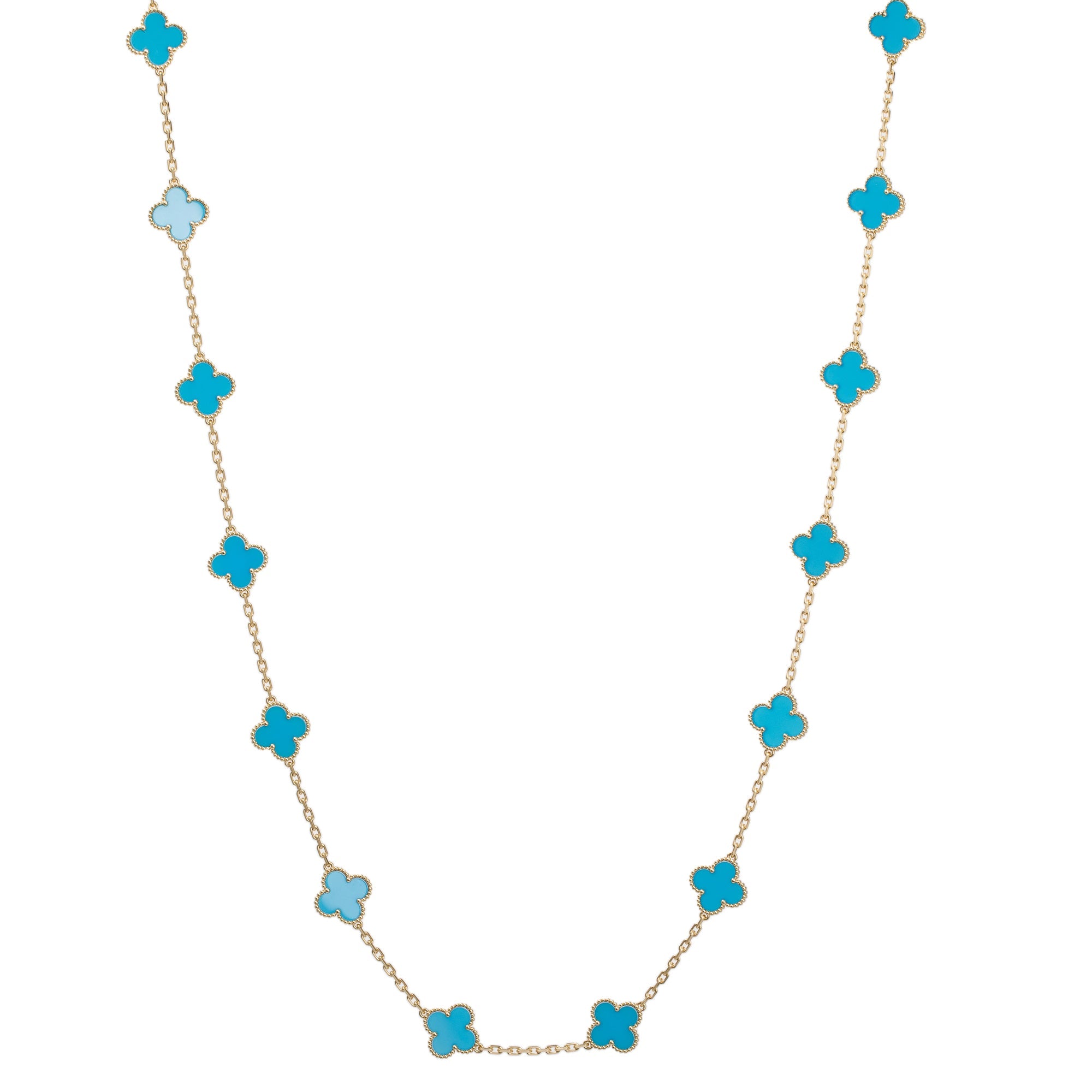 Van Cleef & Arpels 18k Yellow Gold Vintage Alhambra 20 Motif Blue Agate Long Necklace w/ Box & Certificate