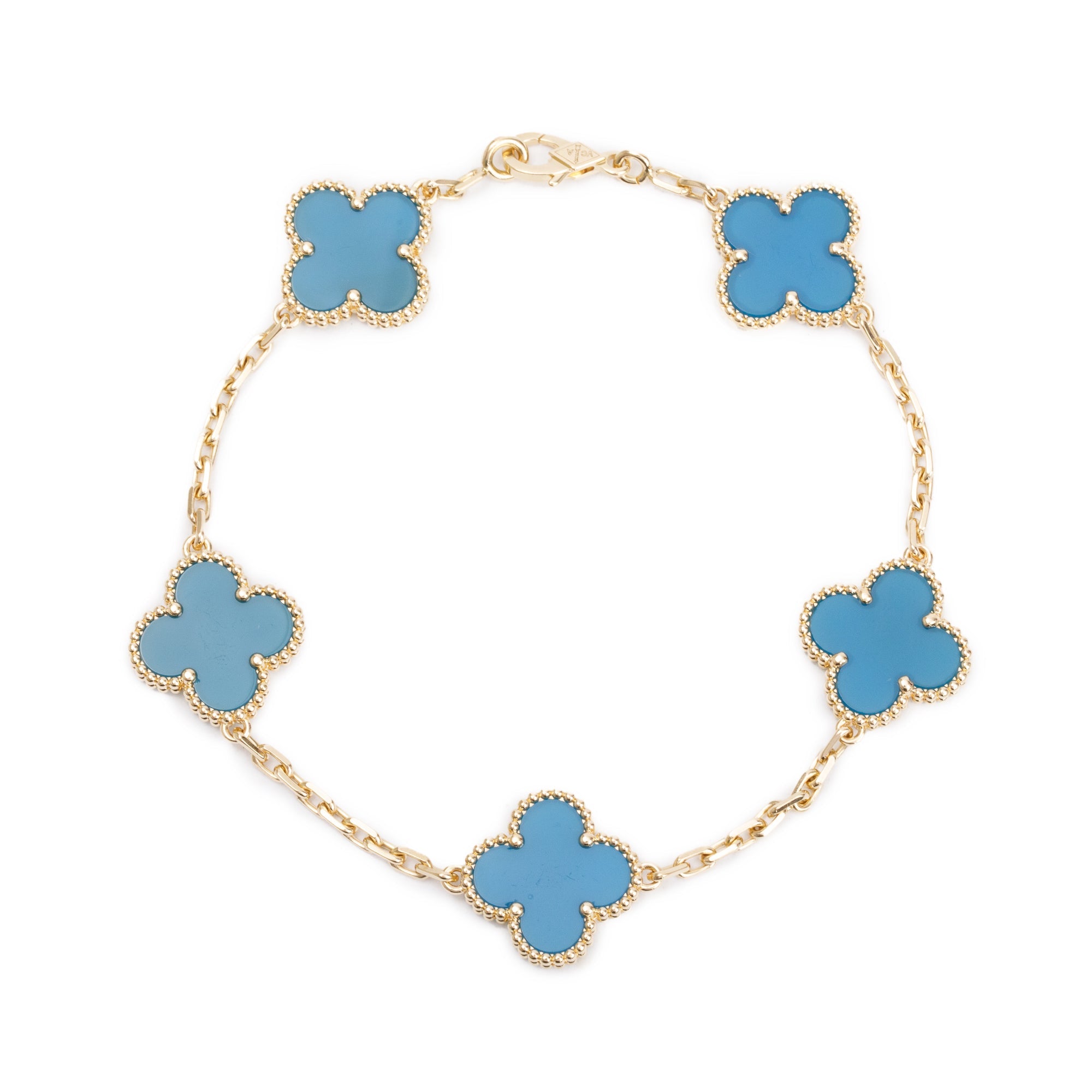 Van Cleef & Arpels 18k Yellow Gold Vintage Alhambra 5 Motif Blue Agate Bracelet