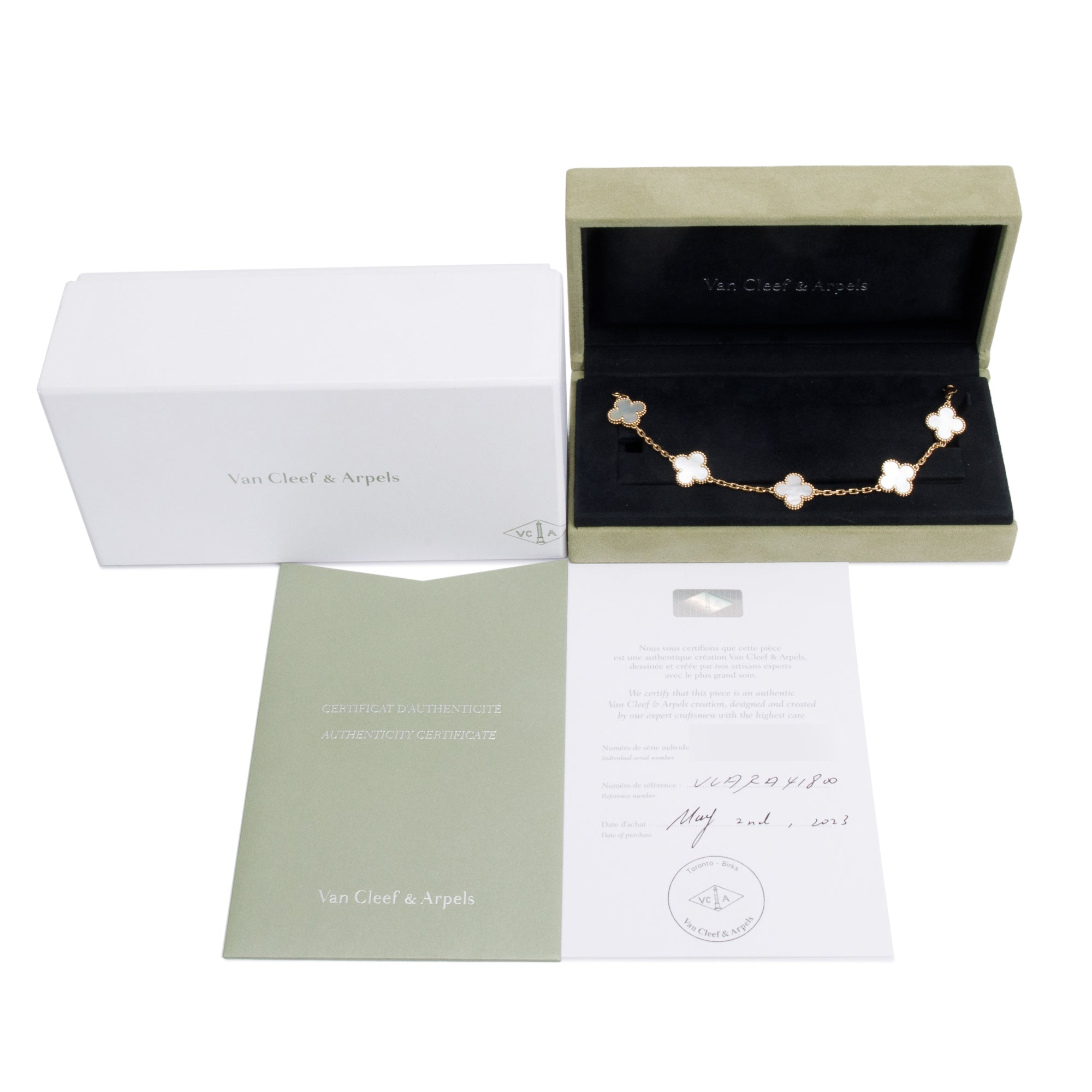 Van Cleef & Arpels 18k Yellow Gold Vintage Alhambra 5 Motif Mother of Pearl Bracelet w/ Box, Receipt & Certificate