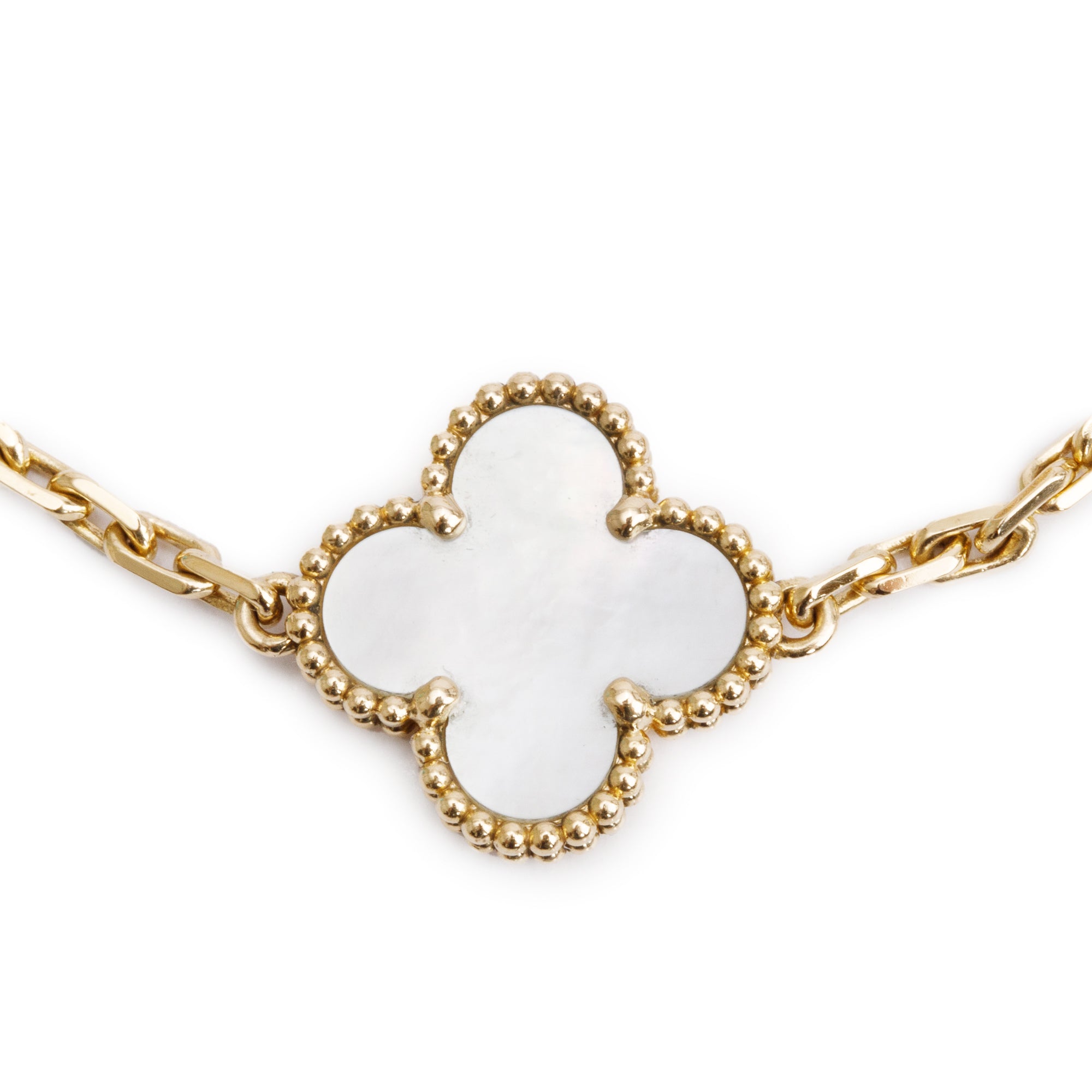 Van Cleef & Arpels 18k Yellow Gold Vintage Alhambra 5 Motif Mother of Pearl Bracelet w/ Box, Receipt & Certificate