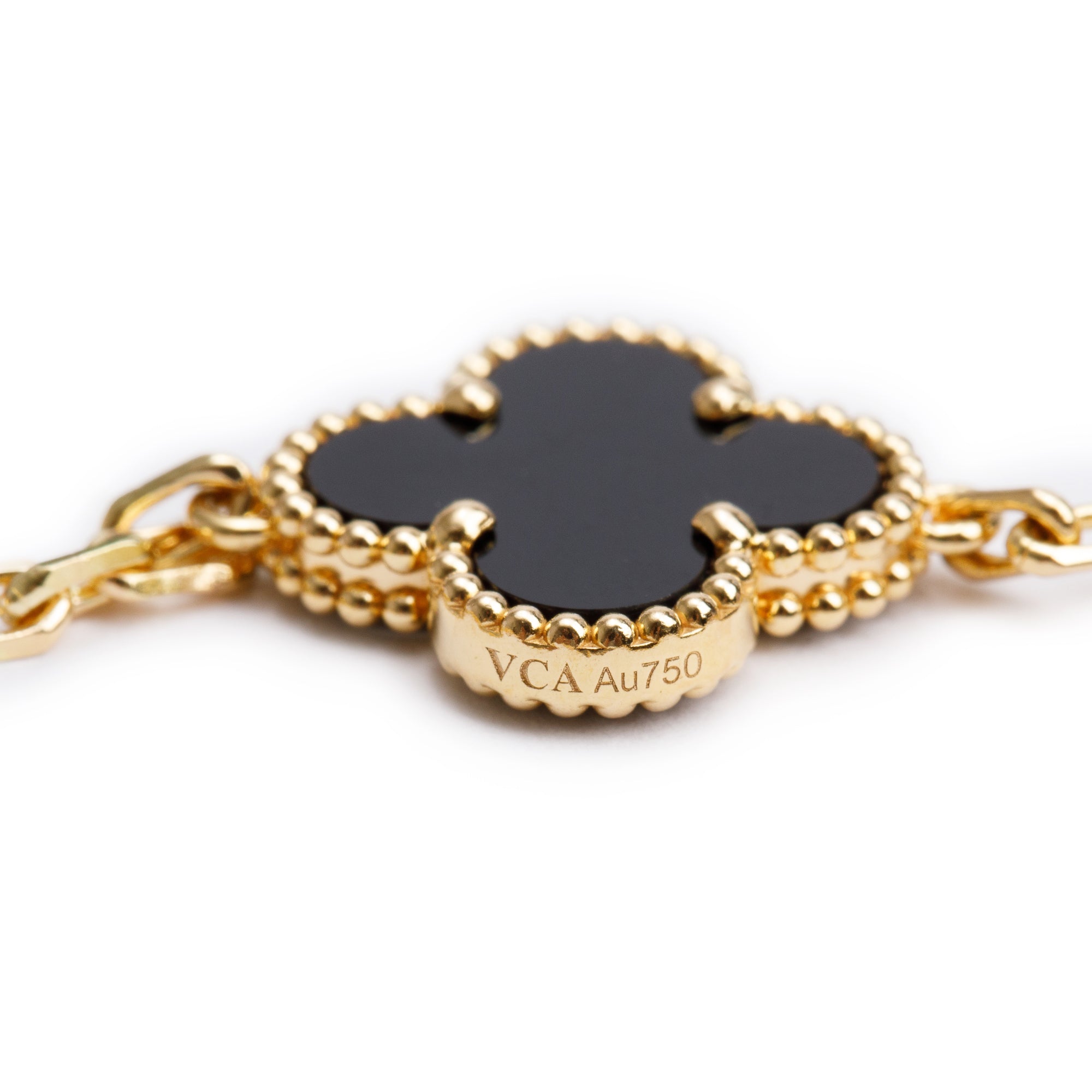 Van Cleef & Arpels 18k Yellow Gold Vintage Alhambra 5 Motif Onyx Bracelet w/ Box
