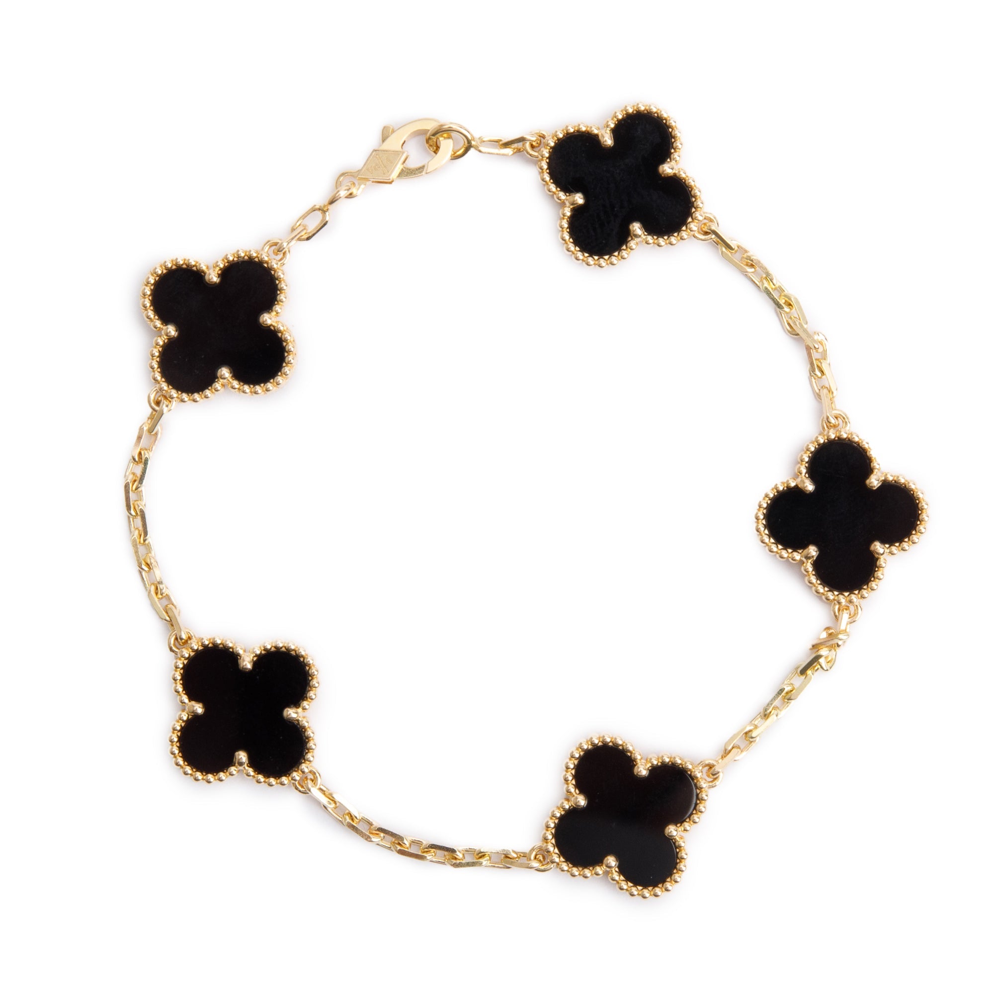Van Cleef & Arpels 18k Yellow Gold Vintage Alhambra 5 Motif Onyx Bracelet w/ Box