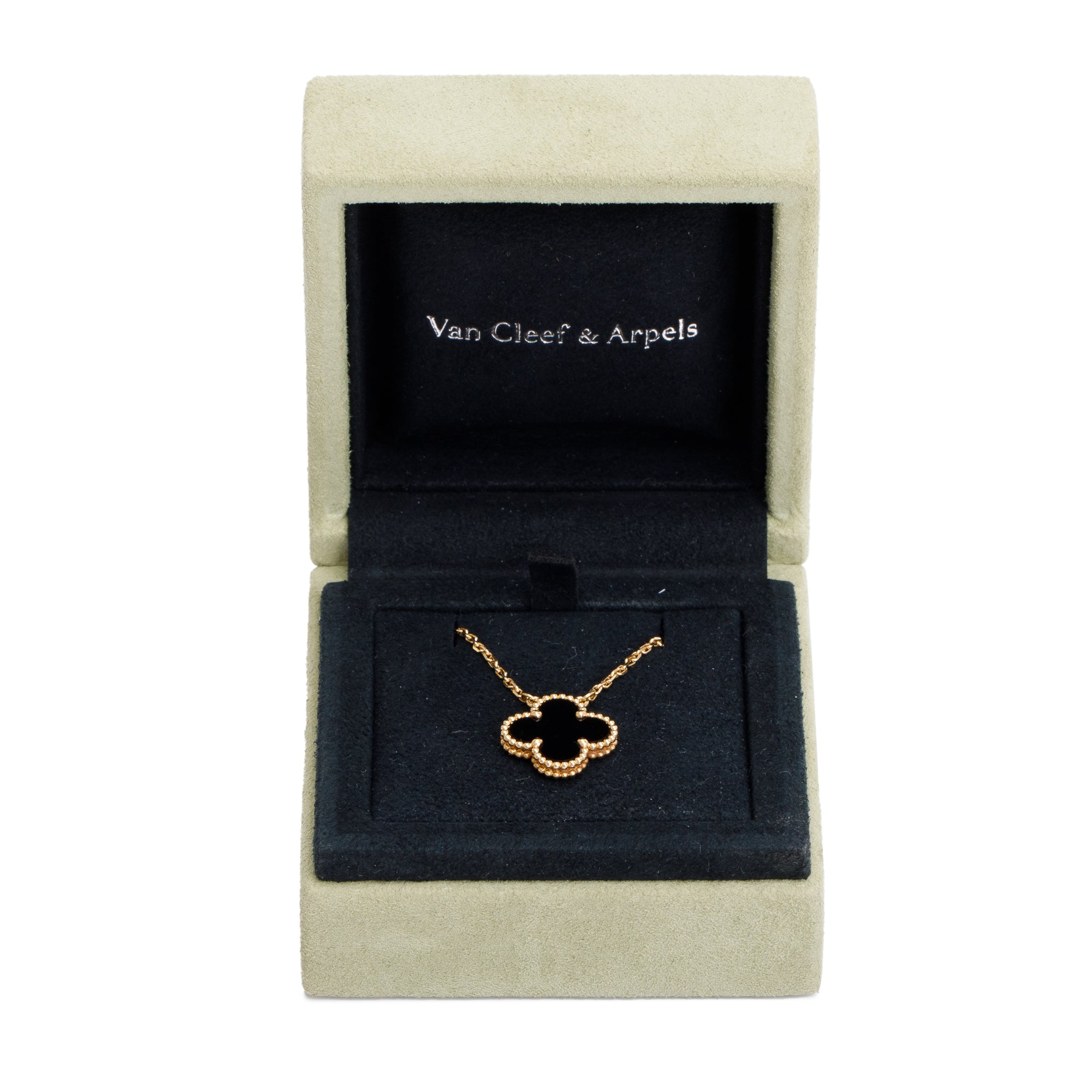 Van Cleef & Arpels 18k Yellow Gold Vintage Alhambra Black Onyx Pendant Necklace w/ Box