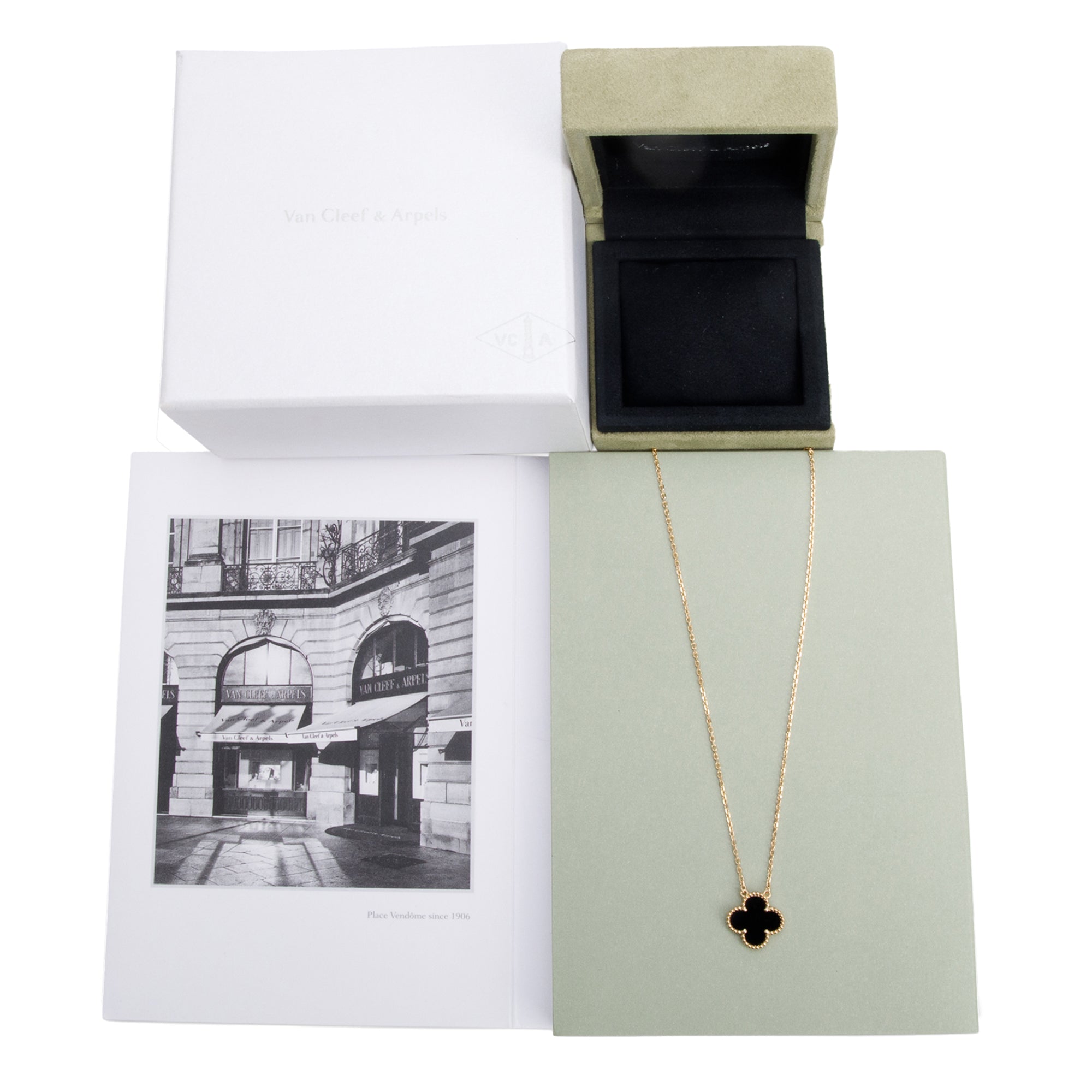 Van Cleef & Arpels 18k Yellow Gold Vintage Alhambra Black Onyx Pendant Necklace w/ Box