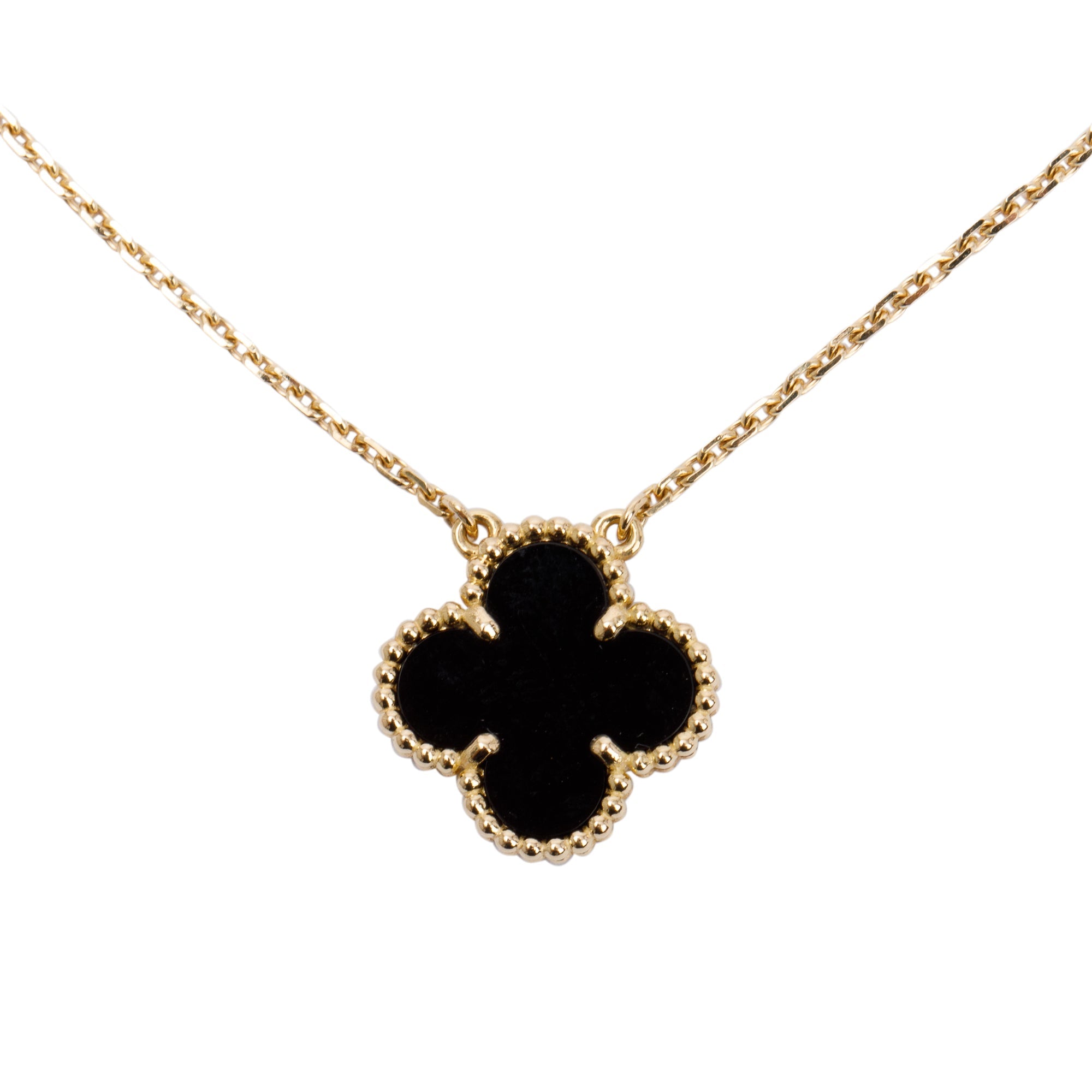 Van Cleef & Arpels 18k Yellow Gold Vintage Alhambra Black Onyx Pendant Necklace w/ Box, Certificate & Receipt