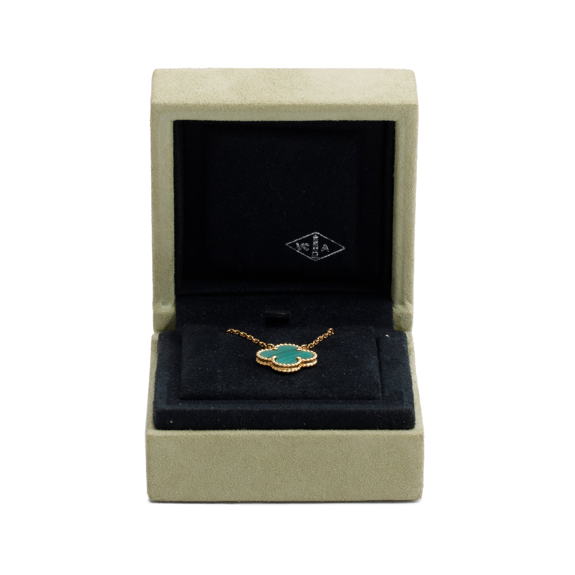 Van Cleef & Arpels 18k Yellow Gold Vintage Alhambra Malachite Pendant Necklace w/ Box & Certificate