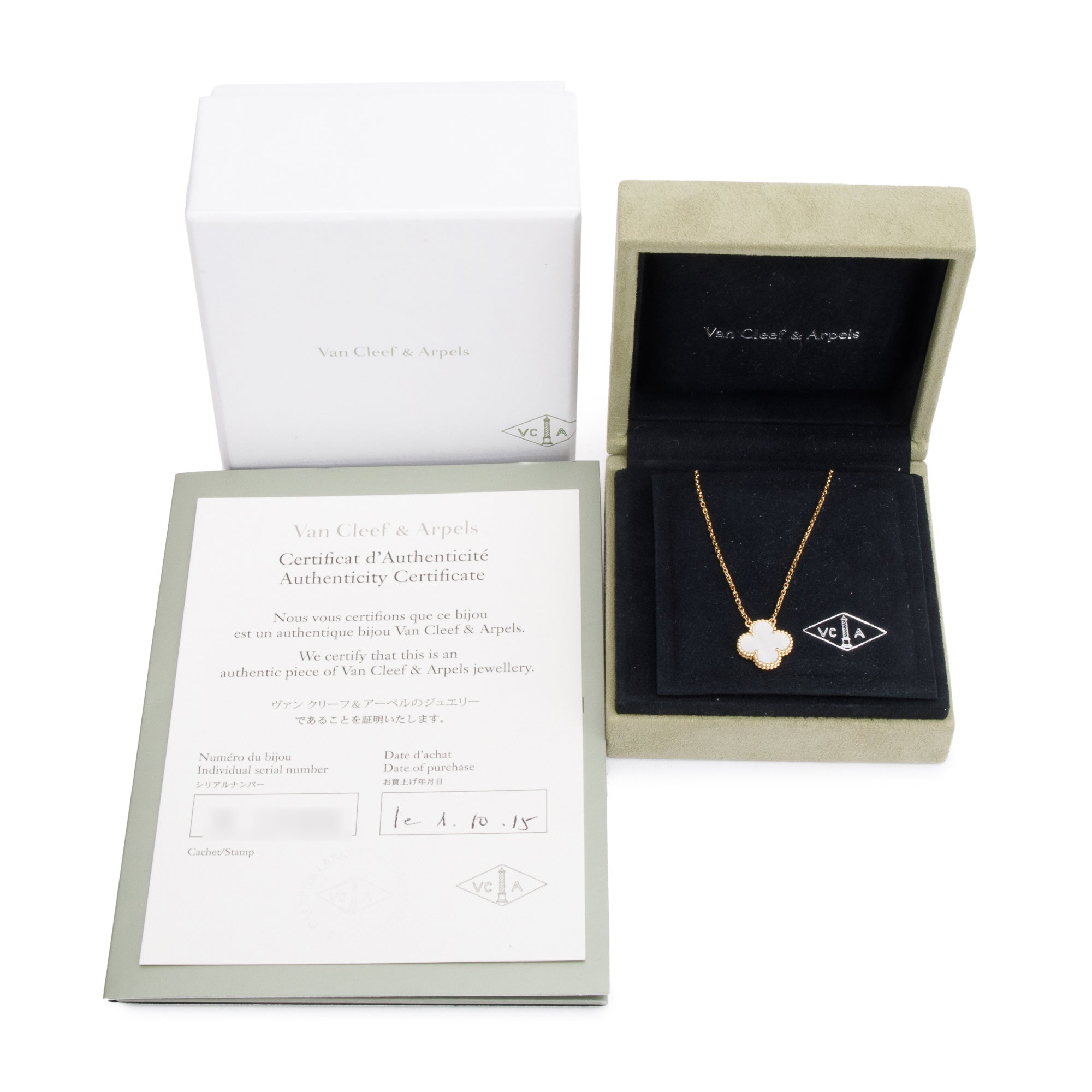 Van Cleef & Arpels 18k Yellow Gold Vintage Alhambra Mother of Pearl Pendant Necklace w/ Box & Certificate