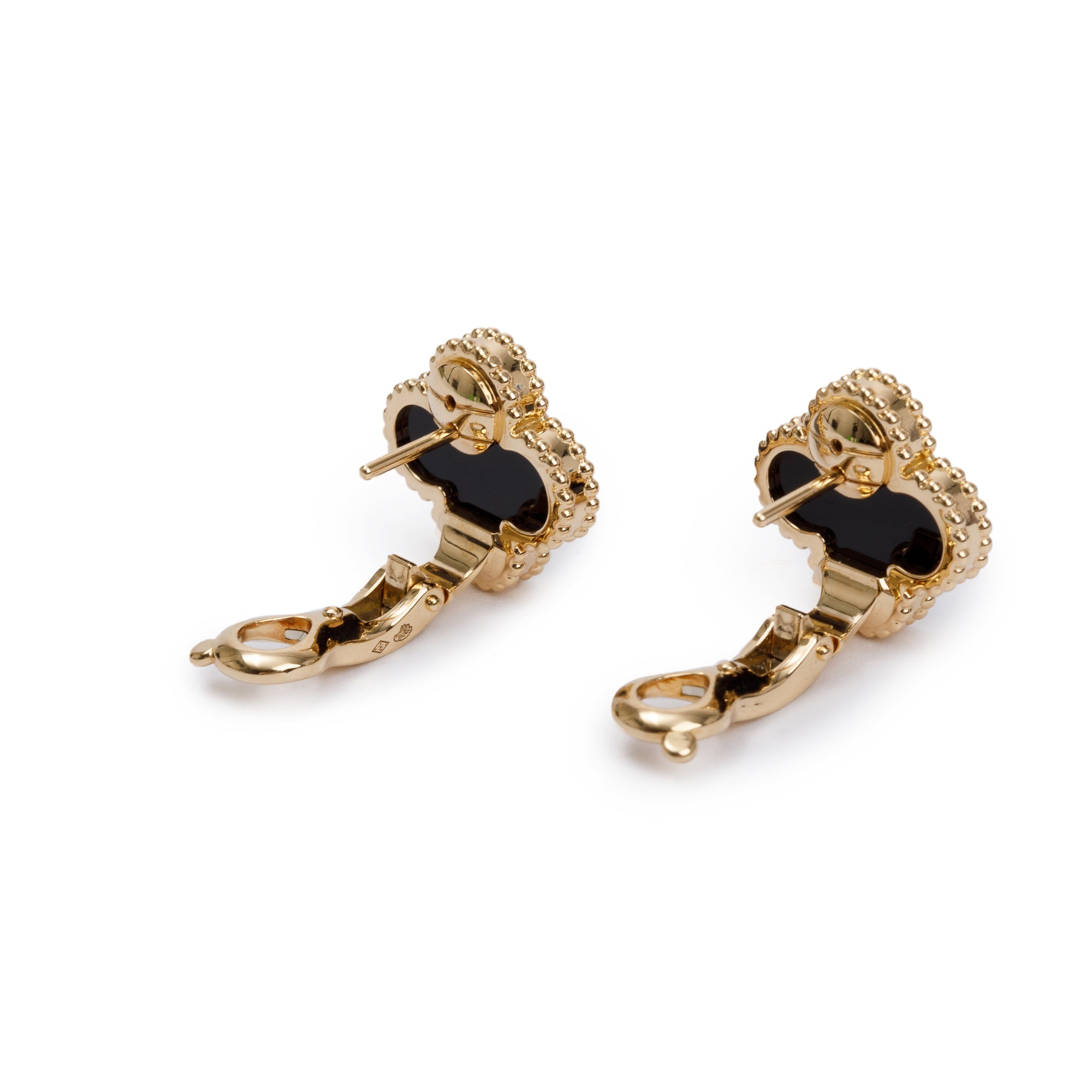 Van Cleef & Arpels 18k Yellow Gold Vintage Alhambra Onyx Stud Earrings w/ Box & Certificate