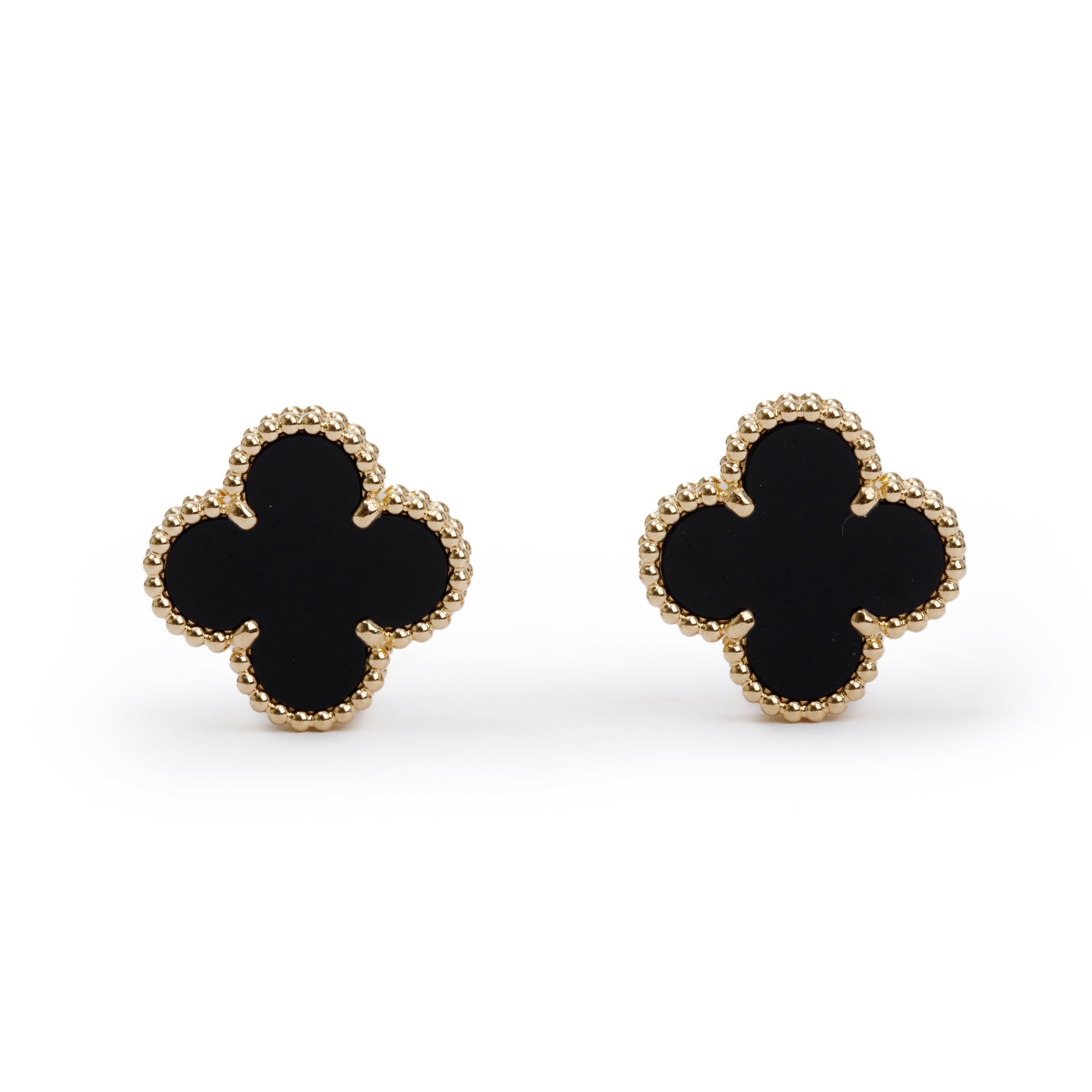 Van Cleef & Arpels 18k Yellow Gold Vintage Alhambra Onyx Stud Earrings w/ Box & Certificate