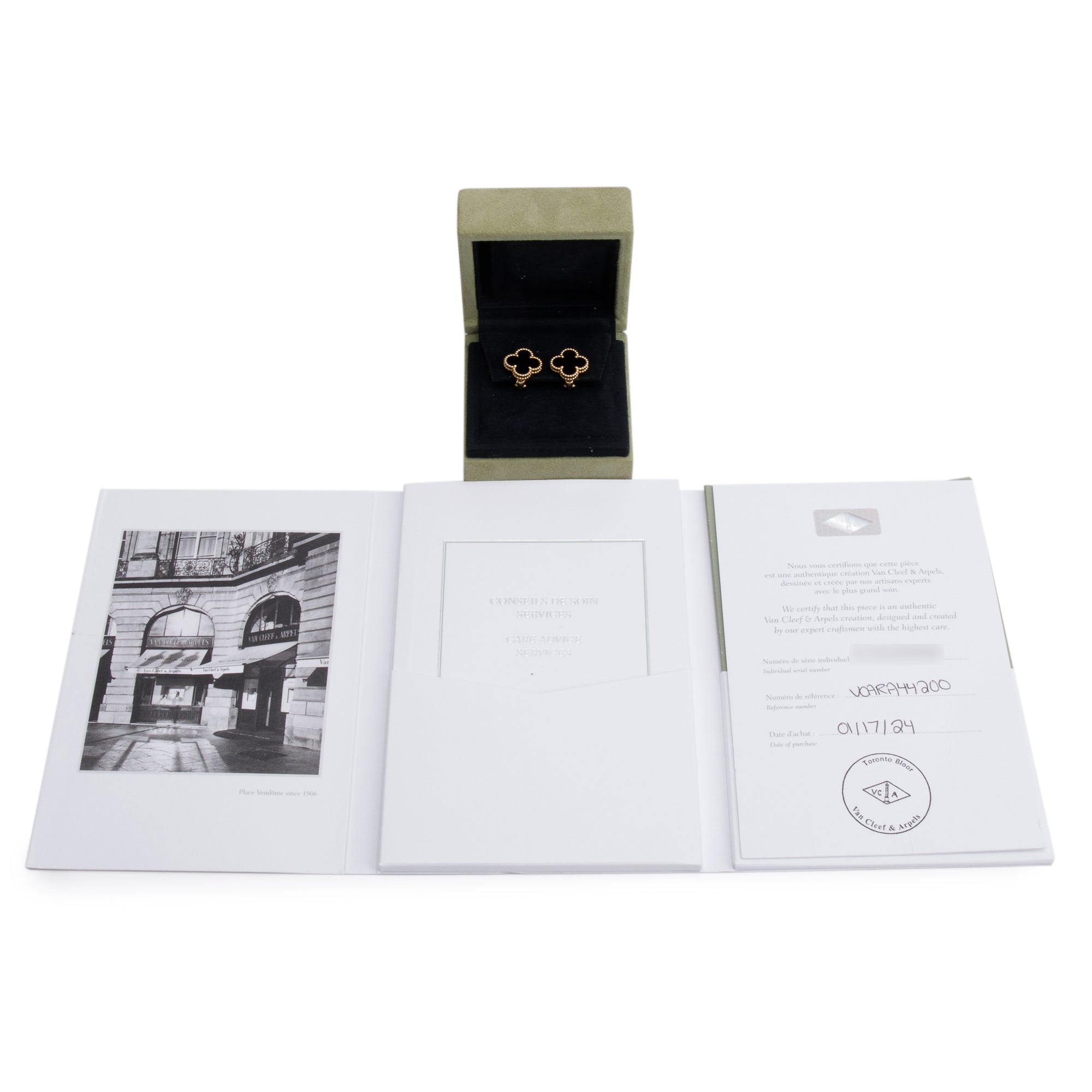 Van Cleef & Arpels 18k Yellow Gold Vintage Alhambra Onyx Stud Earrings w/ Box, Receipt & Certificate