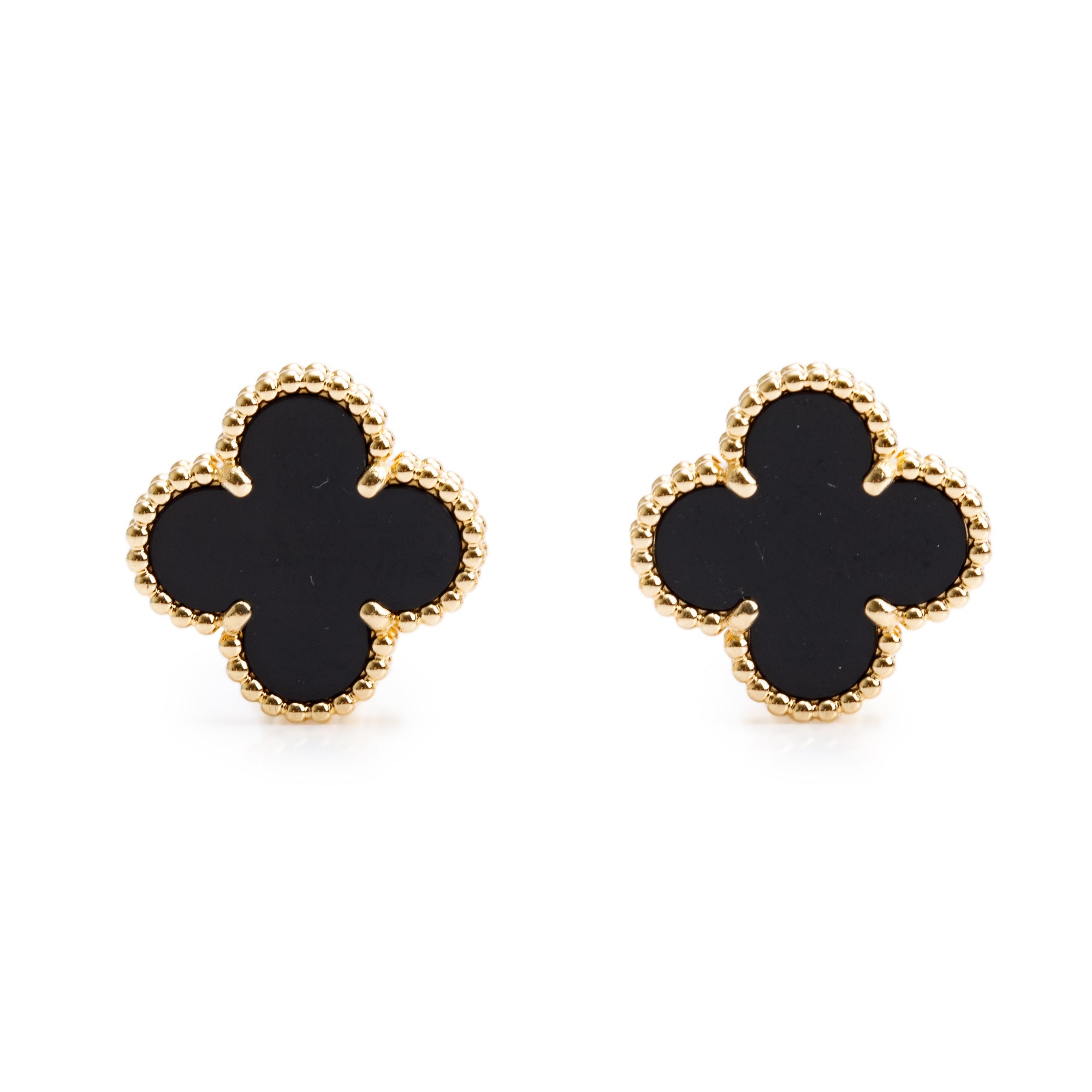 Van Cleef & Arpels 18k Yellow Gold Vintage Alhambra Onyx Stud Earrings w/ Box, Receipt & Certificate
