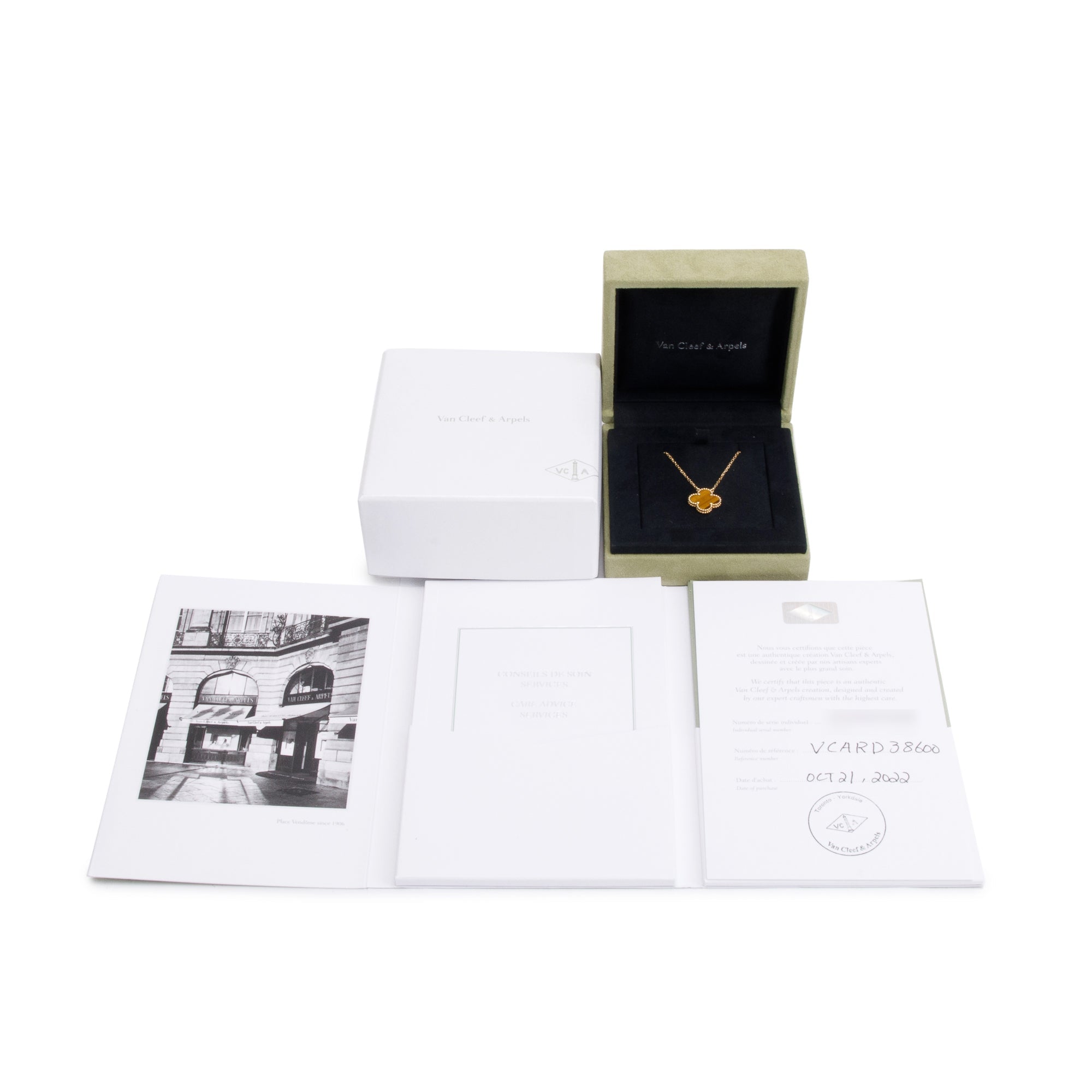Van Cleef & Arpels 18k Yellow Gold Vintage Alhambra Tiger Eye Pendant Necklace w/ Box, Receipt & Certificate