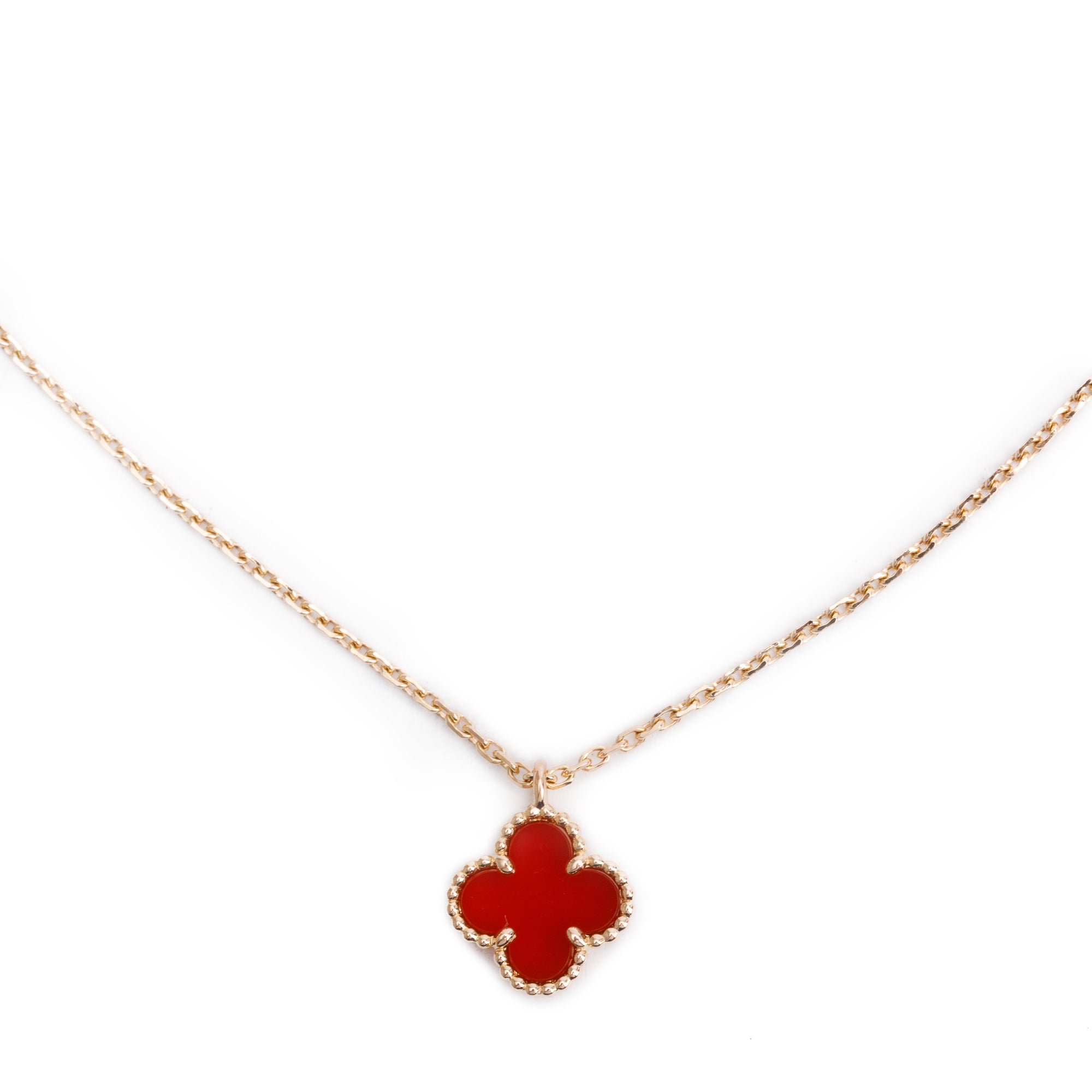 Van Cleef & Arpels 2022 18k Rose Gold Sweet Alhambra Carnelian Pendant Necklace w/ Box, Receipt & Certificate