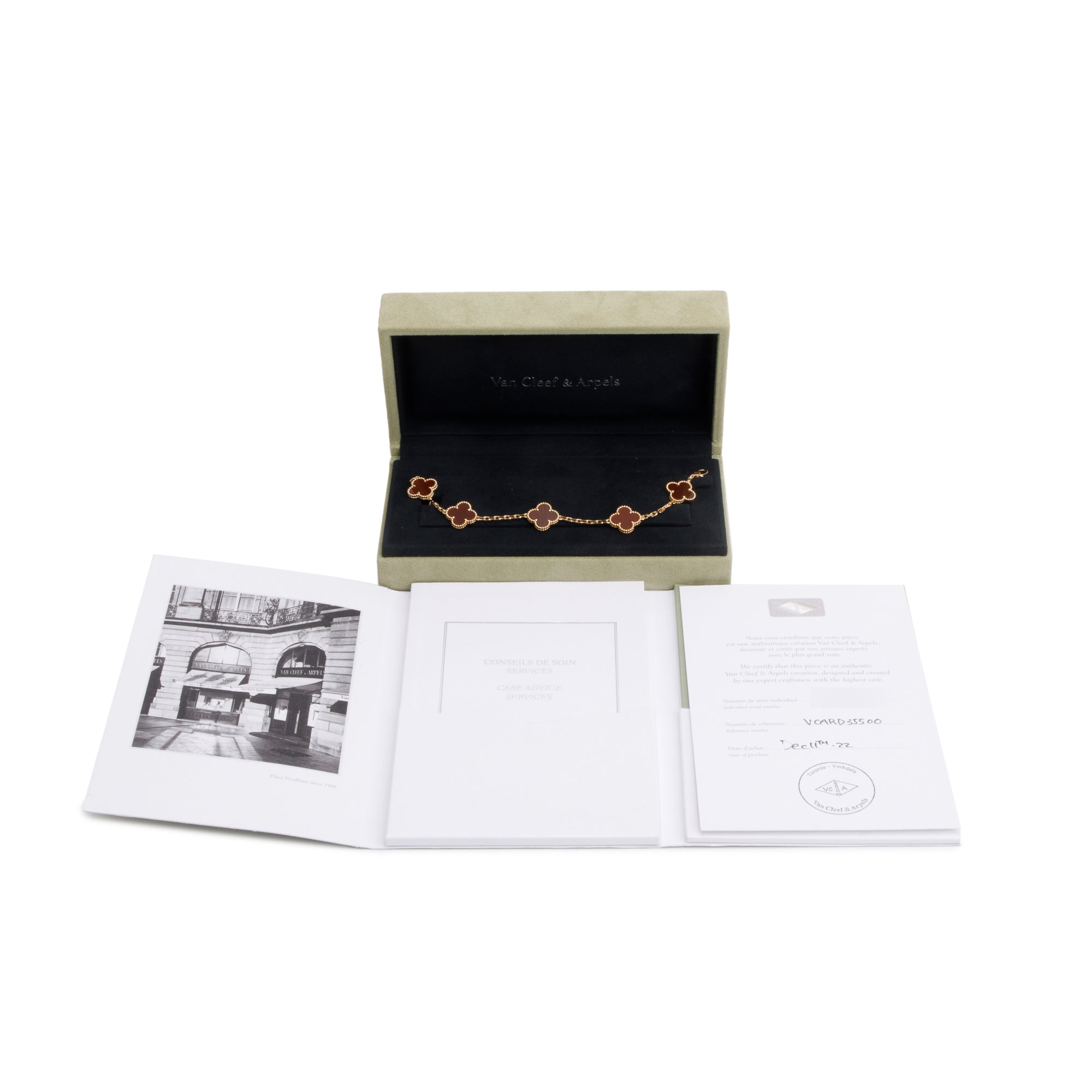 Van Cleef & Arpels 2022 18k Yellow Gold Vintage Alhambra 5 Motif Carnelian Bracelet w/ Box & Certificate