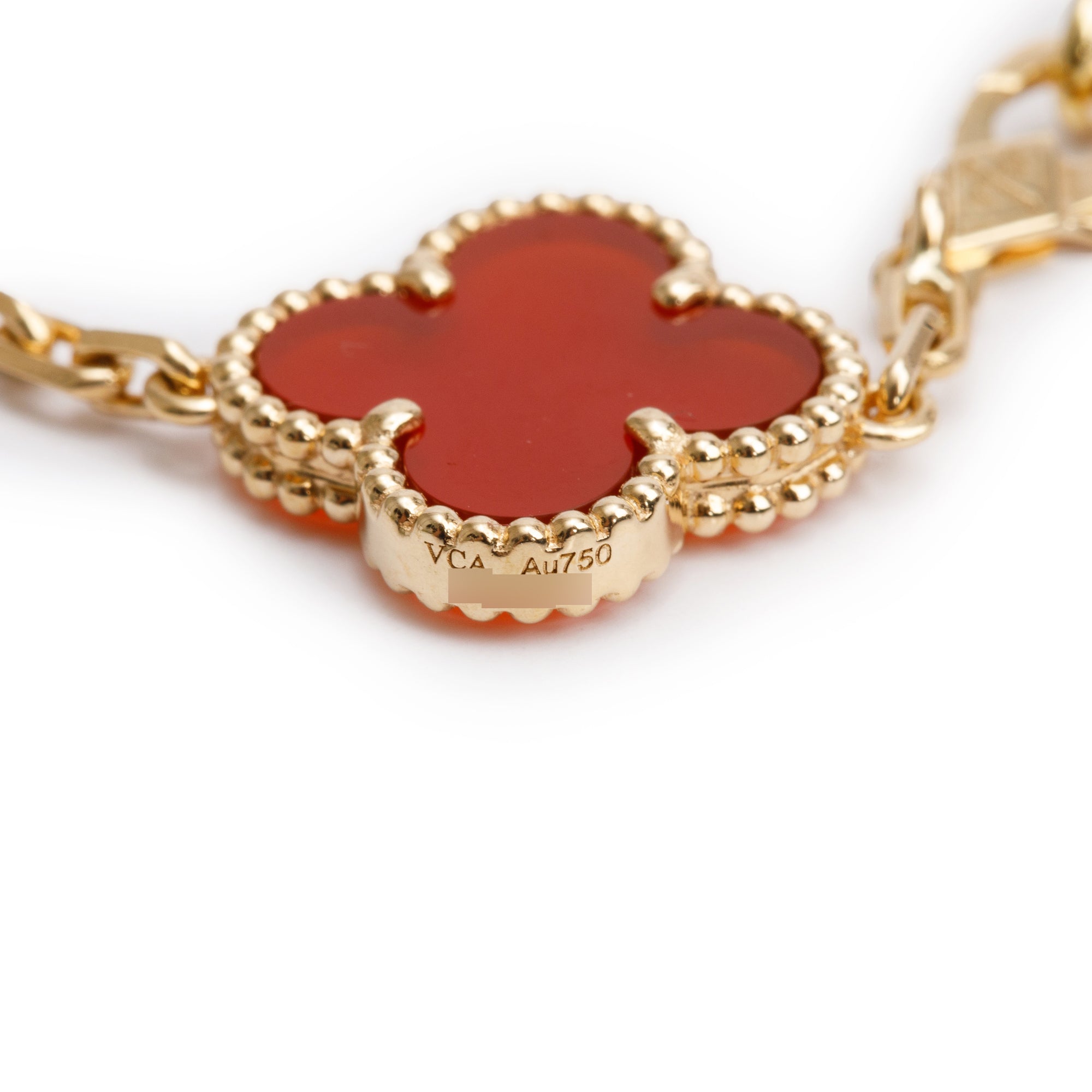 Van Cleef & Arpels 2022 18k Yellow Gold Vintage Alhambra 5 Motif Carnelian Bracelet w/ Box & Certificate