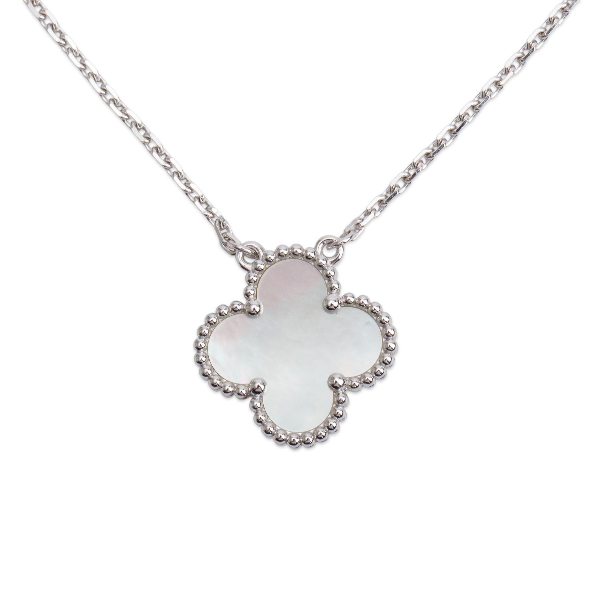 Van Cleef & Arpels 2023 18k White Gold Vintage Alhambra Mother of Pearl Pendant Necklace w/ Box, Receipt & Certificate