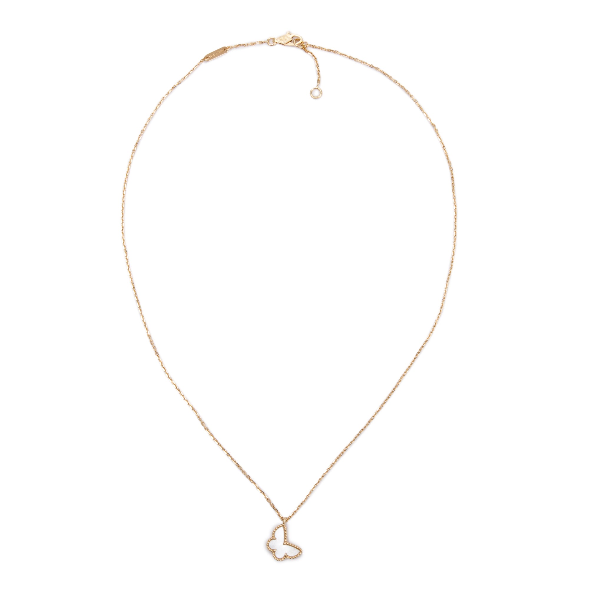 Van Cleef & Arpels 2023 18k Yellow Gold Sweet Alhambra Mother of Pearl Butterfly Pendant Necklace w/ Box, Receipt & Certificate