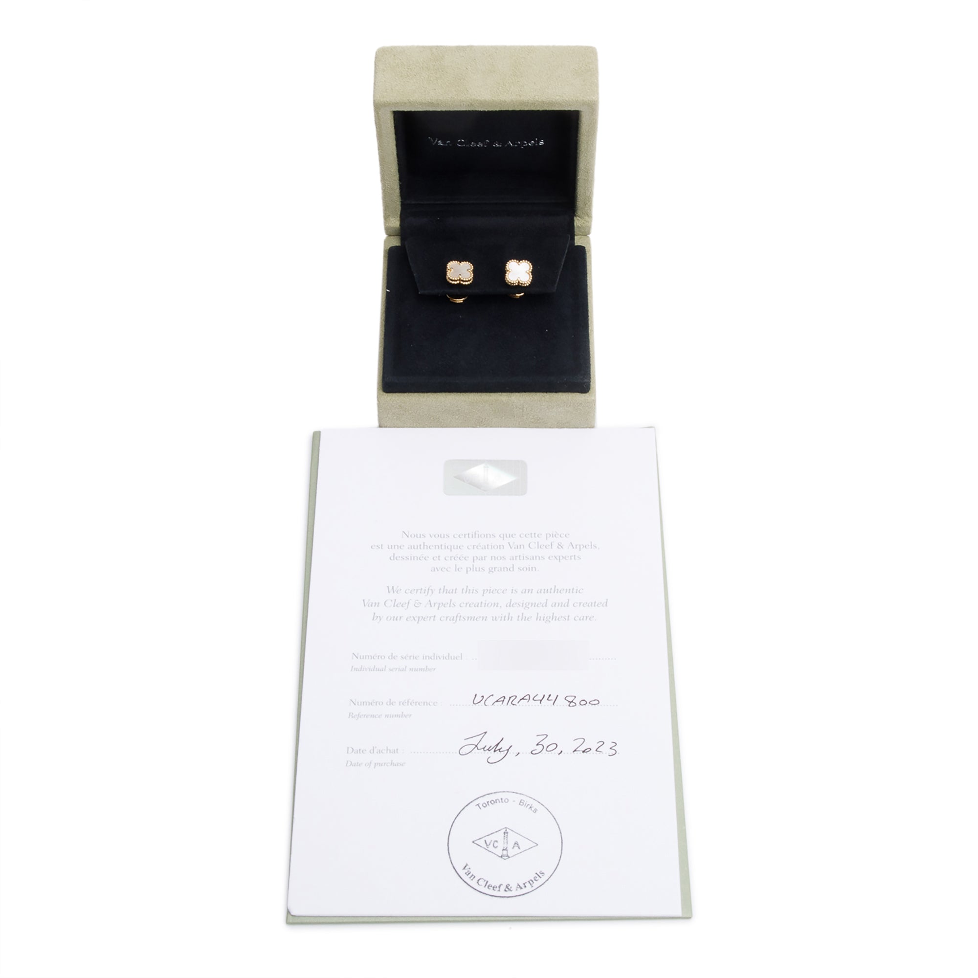Van Cleef & Arpels 2023 18k Yellow Gold Sweet Alhambra Mother of Pearl Stud Earrings w/ Box & Certificate