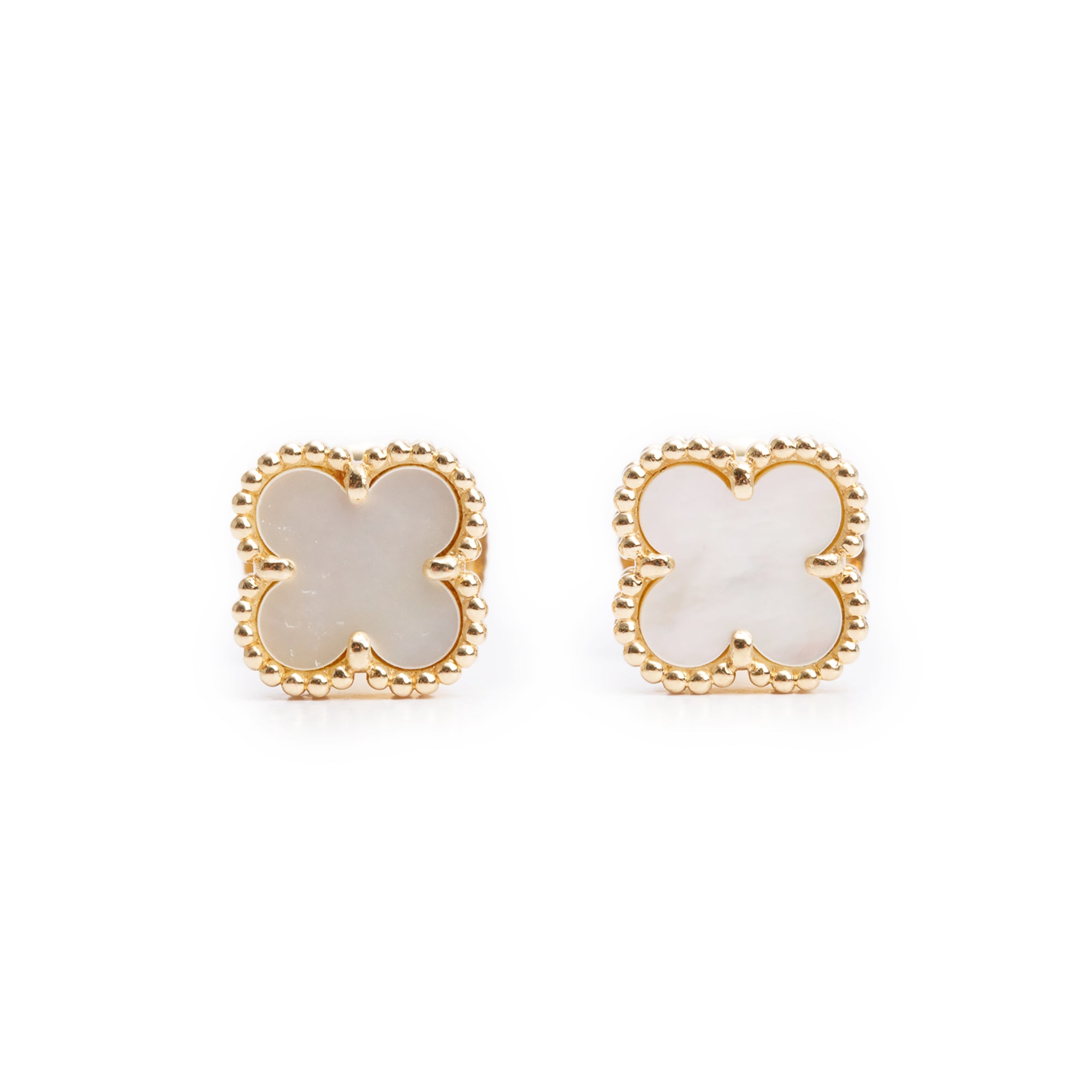 Van Cleef & Arpels 2023 18k Yellow Gold Sweet Alhambra Mother of Pearl Stud Earrings w/ Box & Certificate
