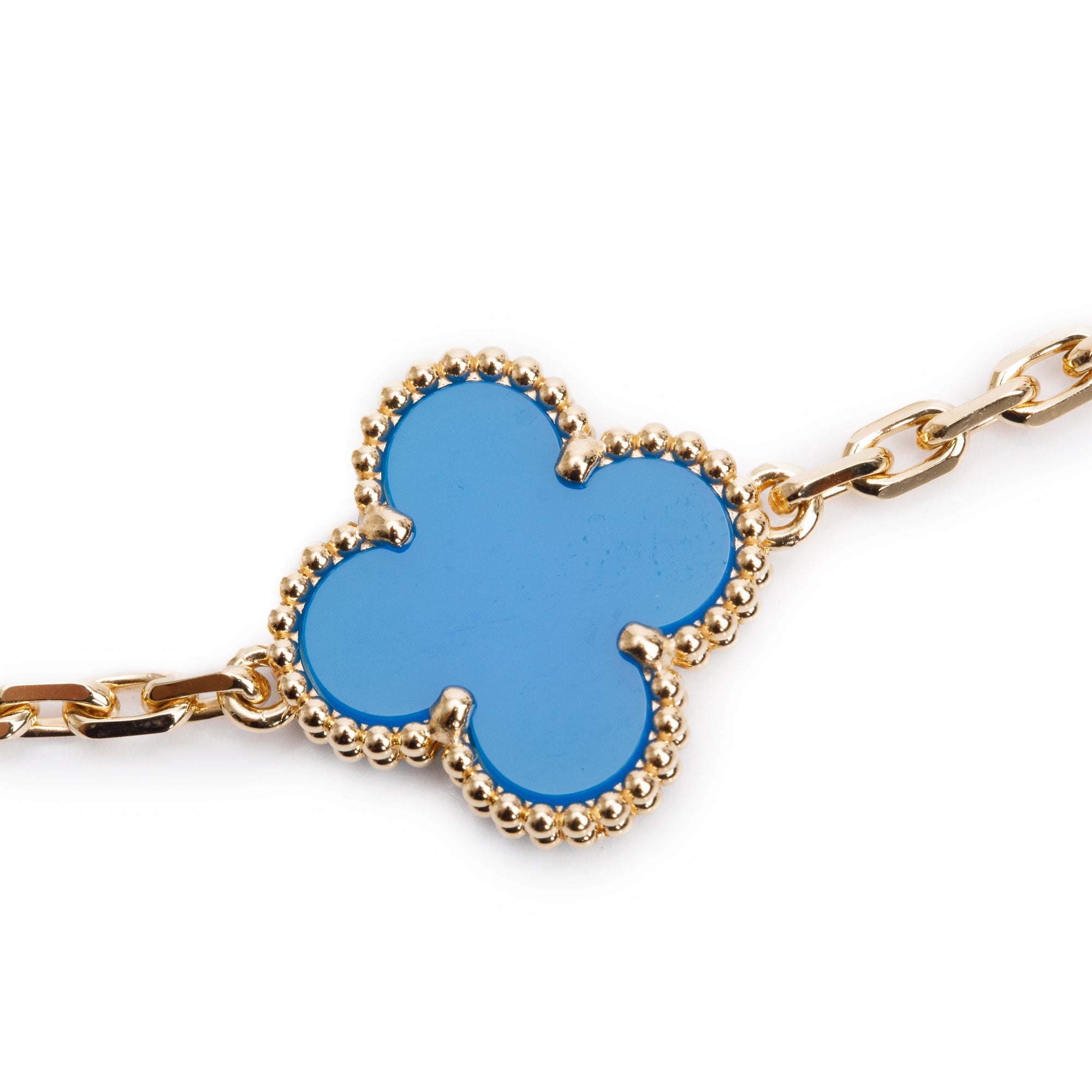 Van Cleef & Arpels 2023 18k Yellow Gold Vintage Alhambra 10 Motif Blue Agate Necklace w/ Box & Certificate