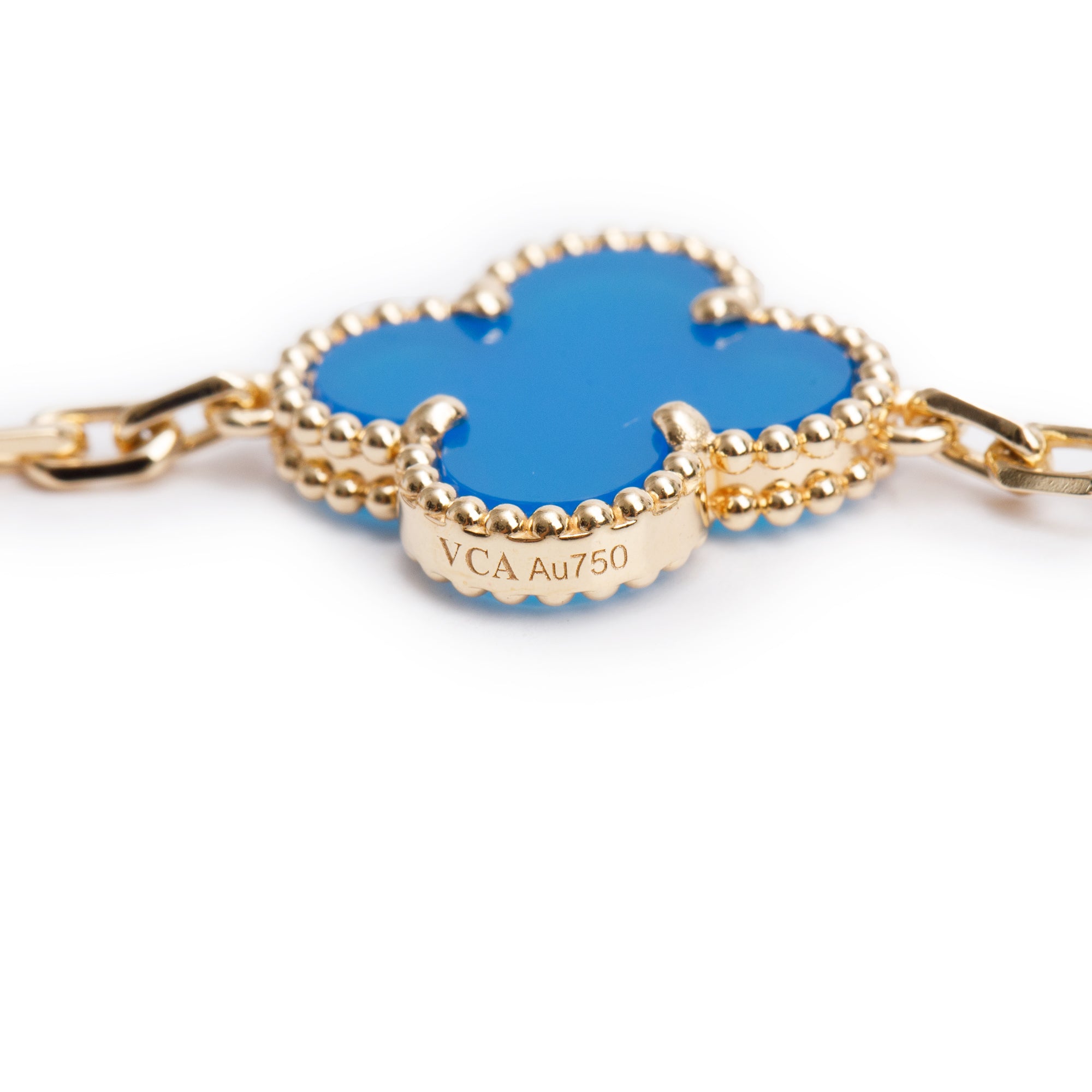 Van Cleef & Arpels 2023 18k Yellow Gold Vintage Alhambra 10 Motif Blue Agate Necklace w/ Box & Certificate