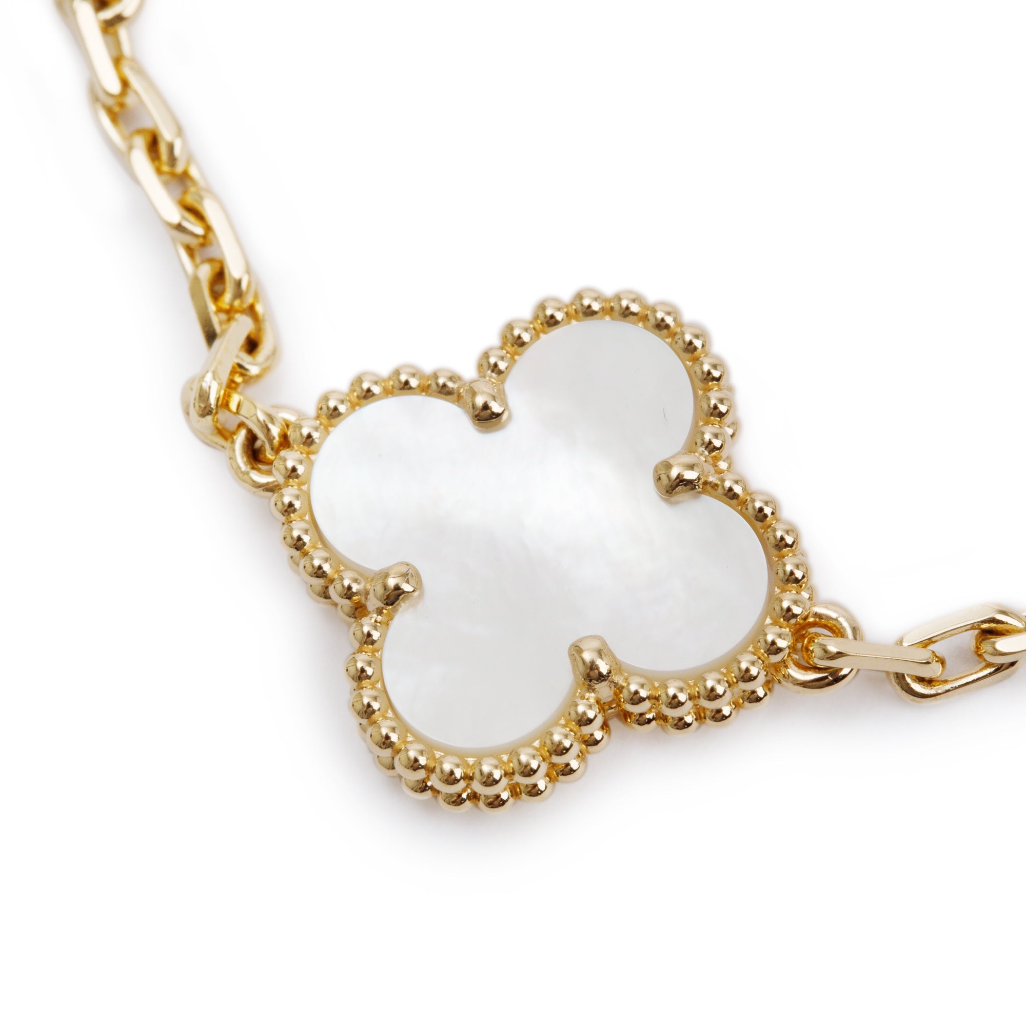 Van Cleef & Arpels 2023 18k Yellow Gold Vintage Alhambra 5 Motif Mother of Pearl Bracelet w/ Box & Papers