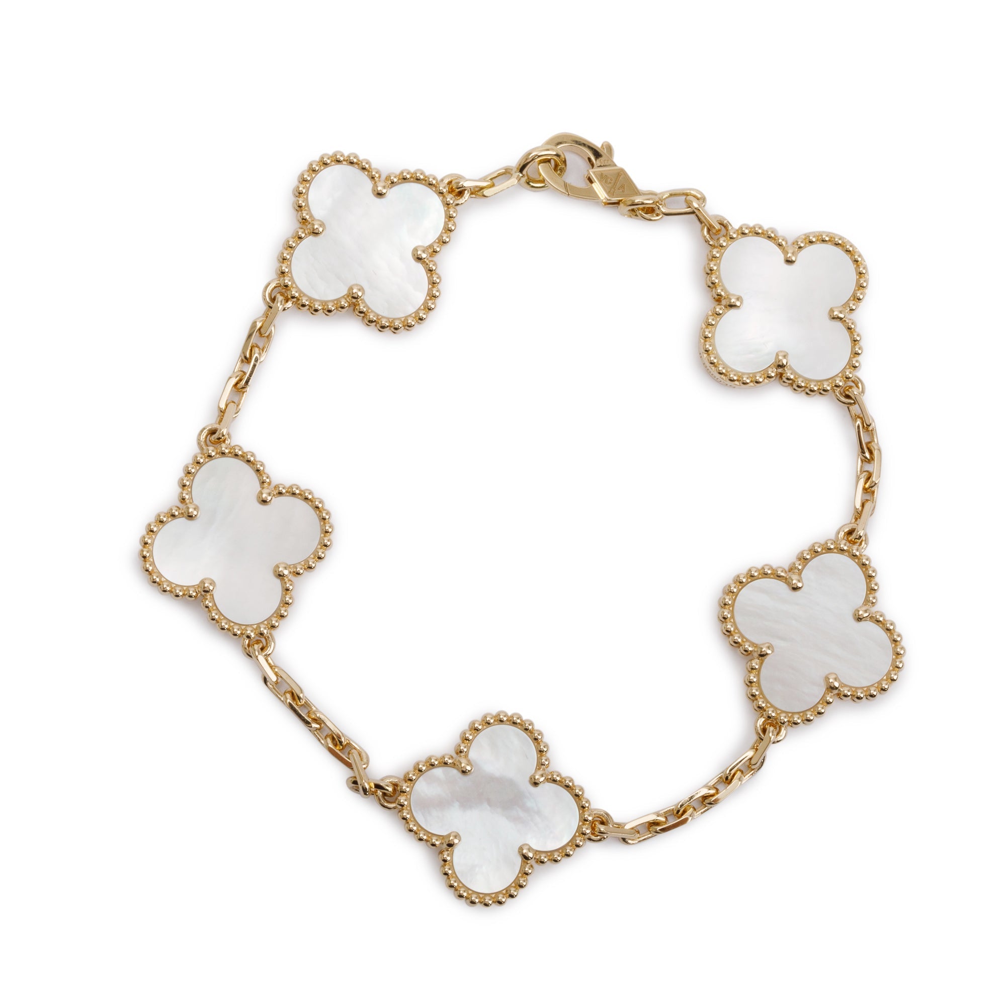 Van Cleef & Arpels 2023 18k Yellow Gold Vintage Alhambra 5 Motif Mother of Pearl Bracelet w/ Box & Papers