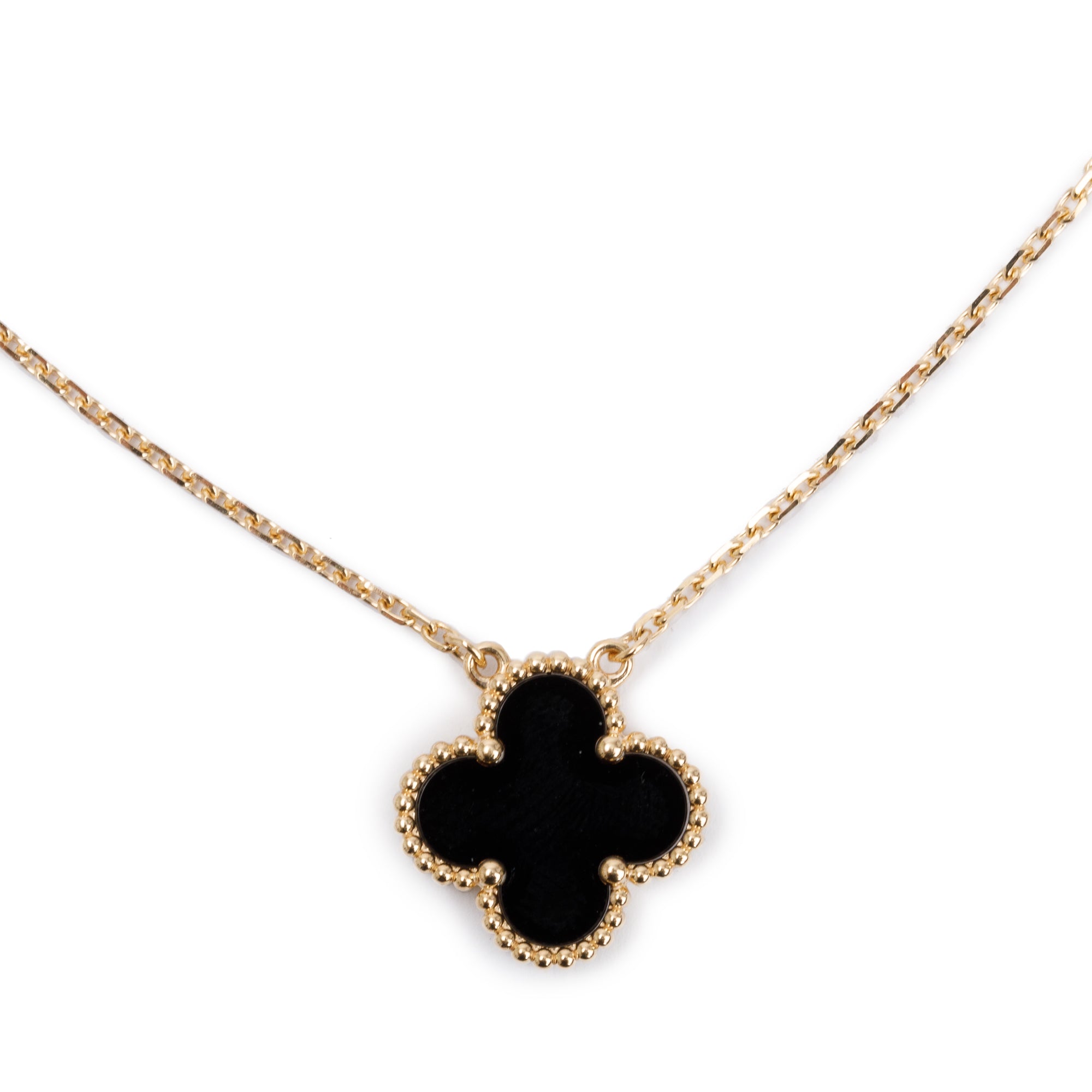 Van Cleef & Arpels 2023 18k Yellow Gold Vintage Alhambra Black Onyx Pendant Necklace w/ Box & Receipt