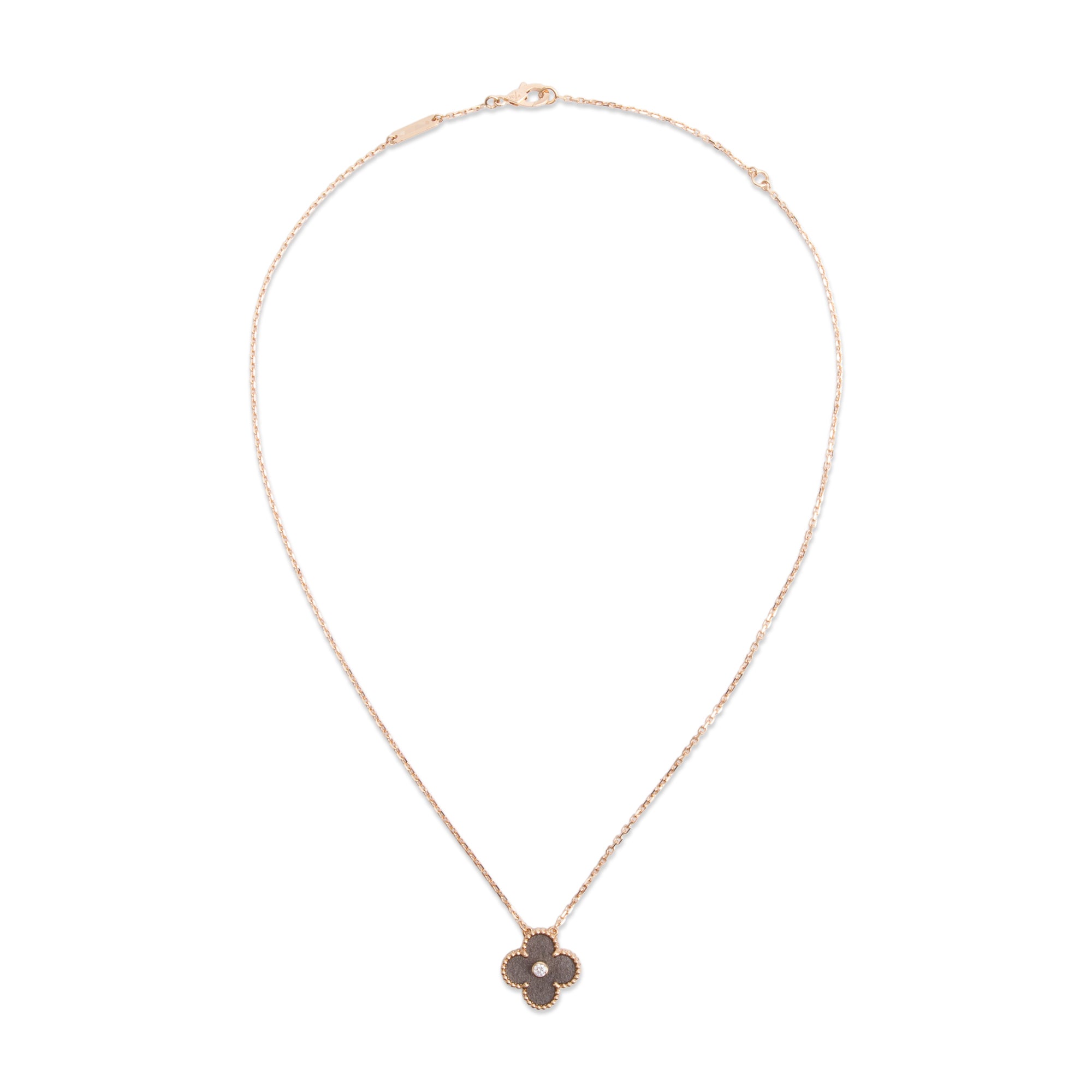 Van Cleef & Arpels 2023 Limited Edition 18k Rose Gold Vintage Alhambra Diamond Obsidian Holiday Pendant Necklace w/ Box, Receipt & Certificate