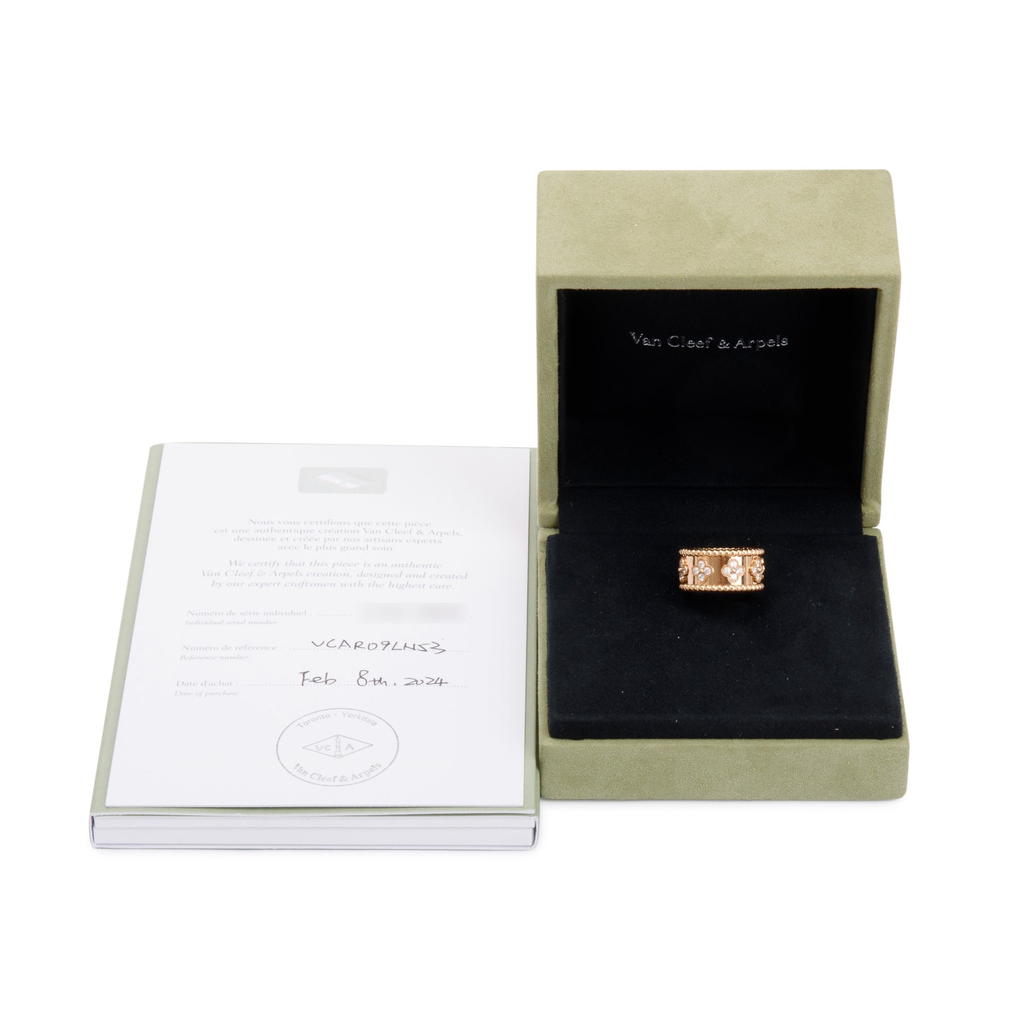 Van Cleef & Arpels 2024 18k Rose Gold Diamond Perlee Clovers Ring, Size 53 6.75