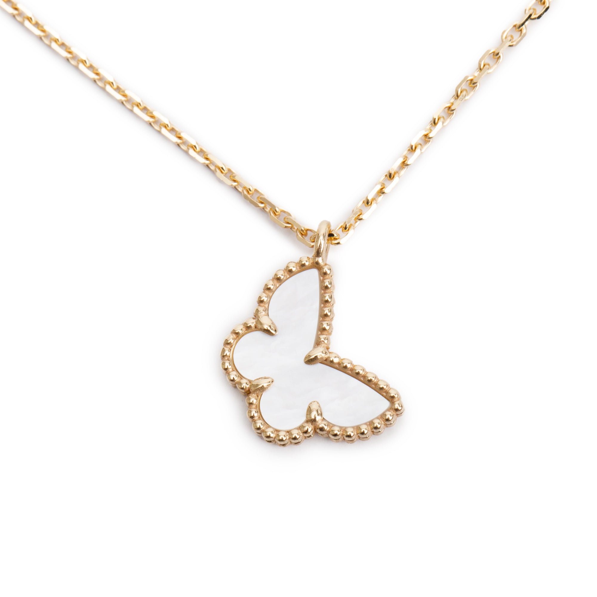 Van Cleef & Arpels 2024 18k Yellow Gold Sweet Alhambra Mother of Pearl Butterfly Pendant Necklace w/ Box, Receipt & Certificate