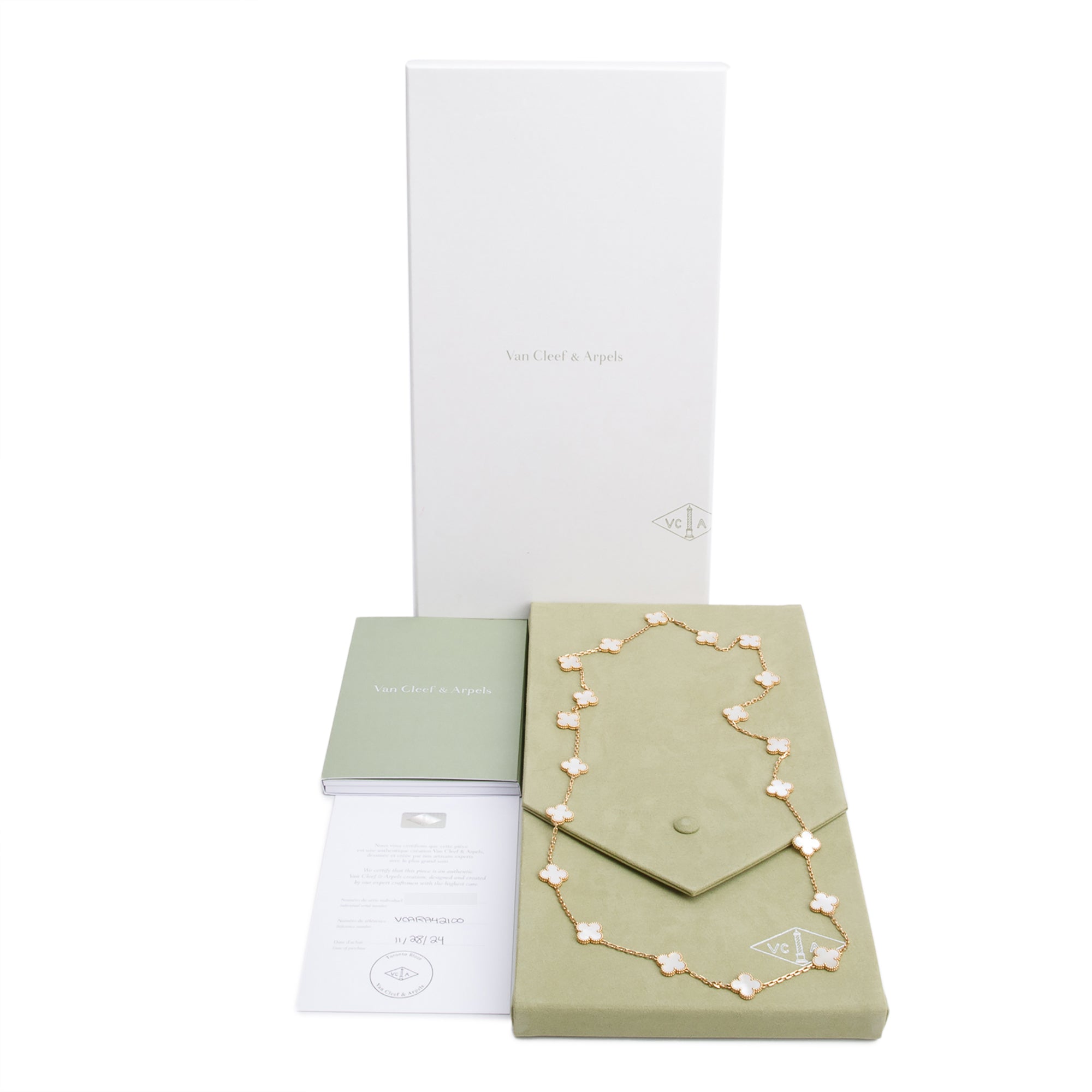 Van Cleef & Arpels 2024 18k Yellow Gold Vintage Alhambra 20 Motif Mother of Pearl Necklace w/ Box & Certificate