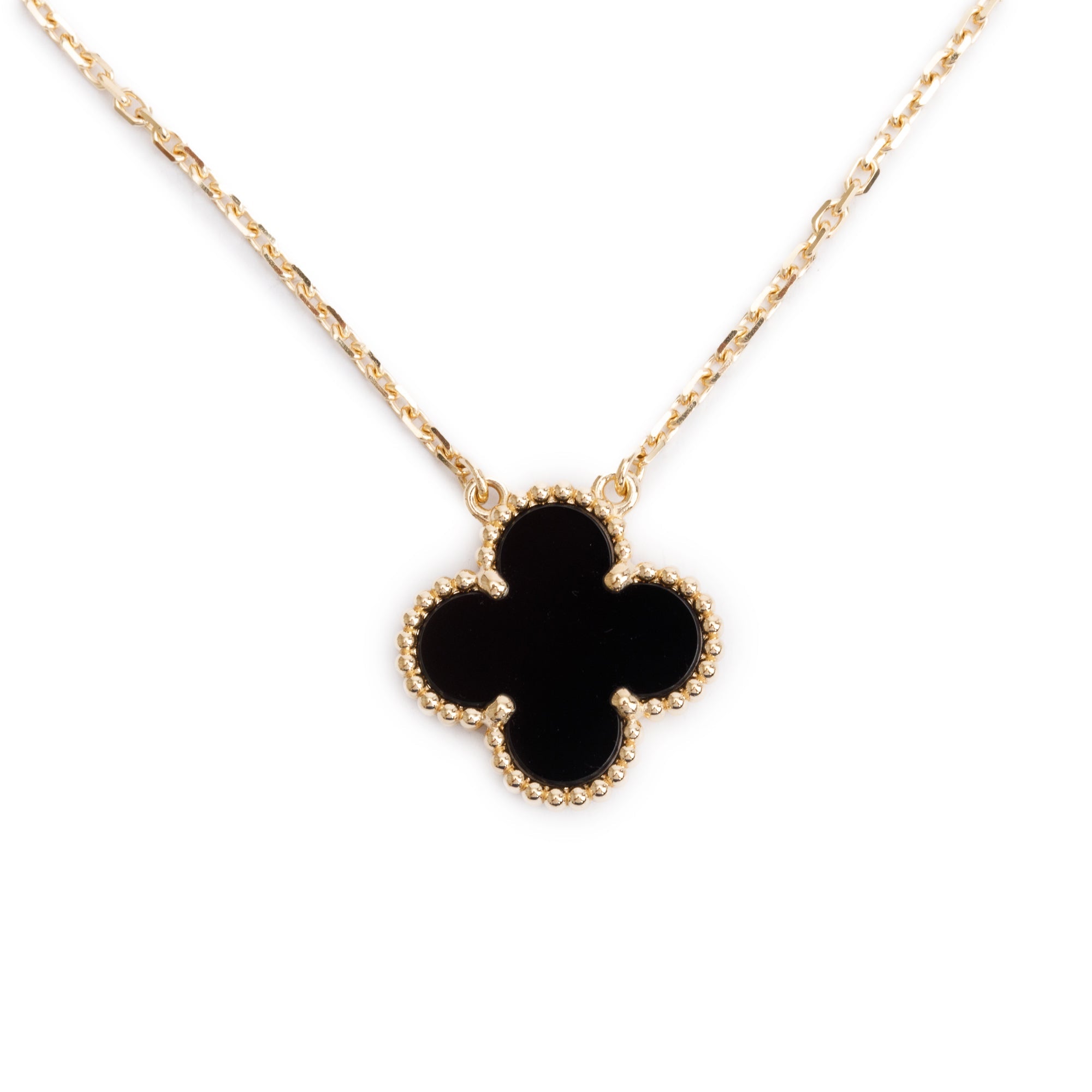 Van Cleef & Arpels 2024 18k Yellow Gold Vintage Alhambra Black Onyx Pendant Necklace w/ Receipt