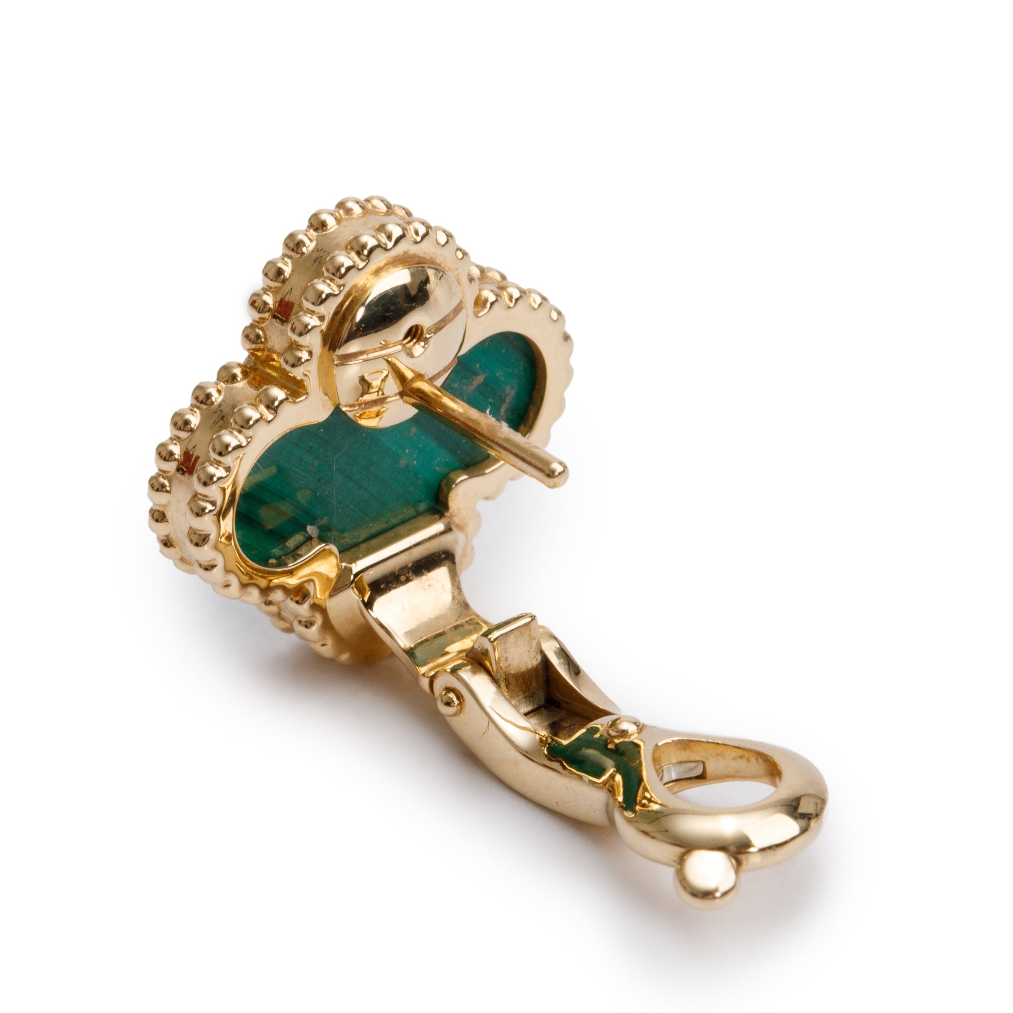 Van Cleef & Arpels 2024 18k Yellow Gold Vintage Alhambra Malachite Stud Earrings w/ Box, Receipt & Certificate