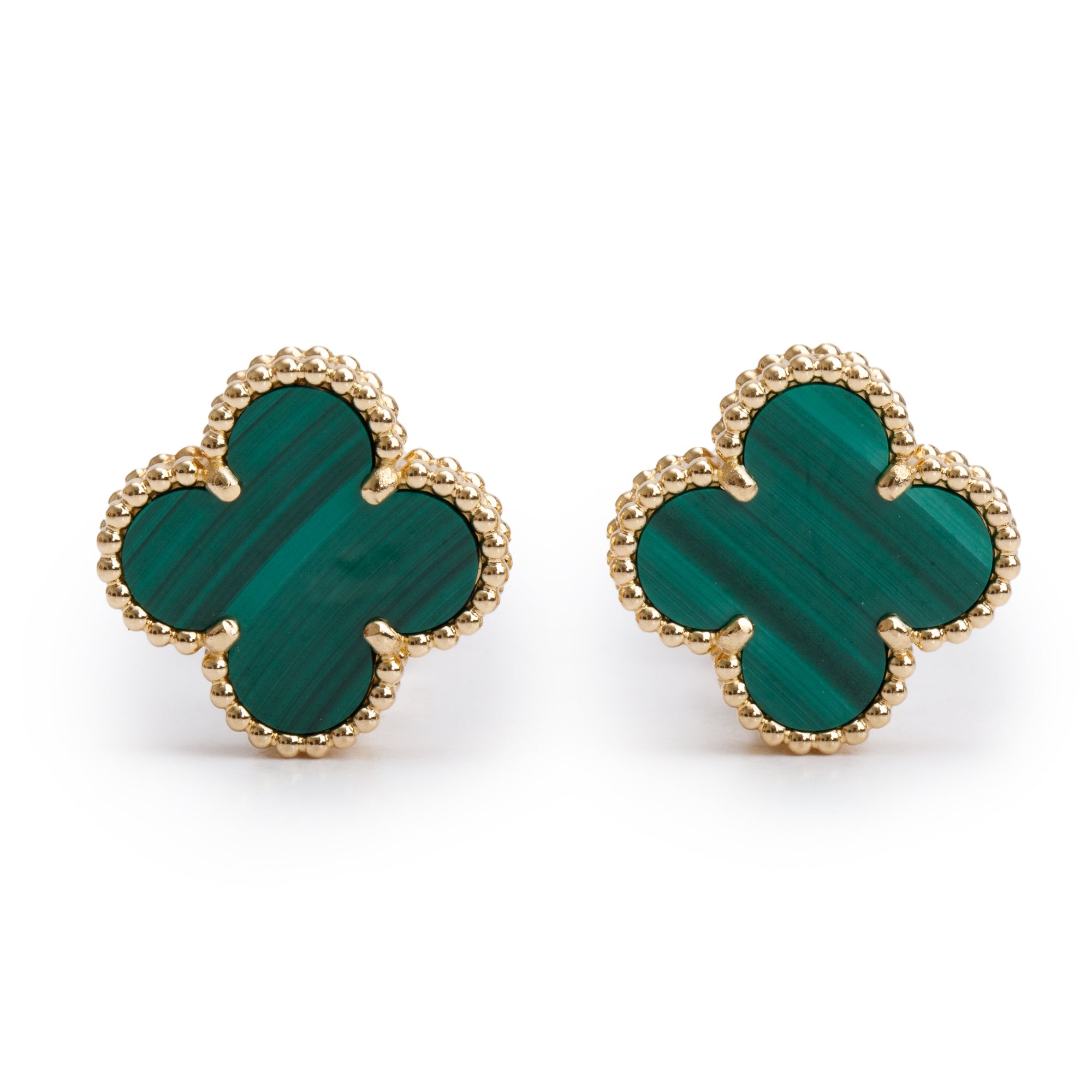 Van Cleef & Arpels 2024 18k Yellow Gold Vintage Alhambra Malachite Stud Earrings w/ Box, Receipt & Certificate