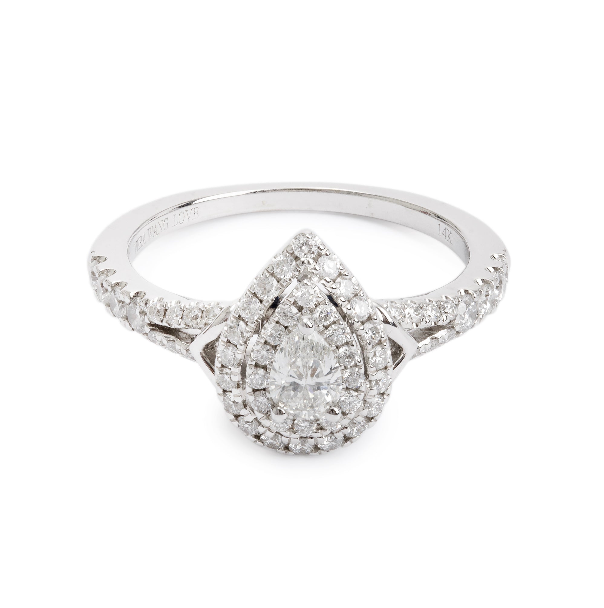 Vera Wang 14k White Gold Love Pear Shaped Diamond Engagement Ring, Size 6.75 w/ Box