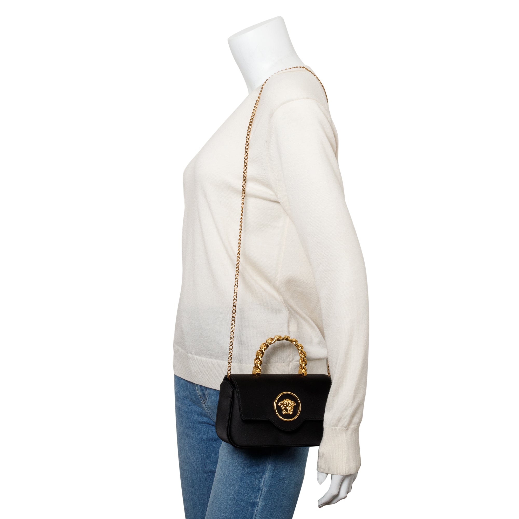 Versace 2024 Black Satin La Medusa Mini Handle Bag w/ Strap, Box & Receipt