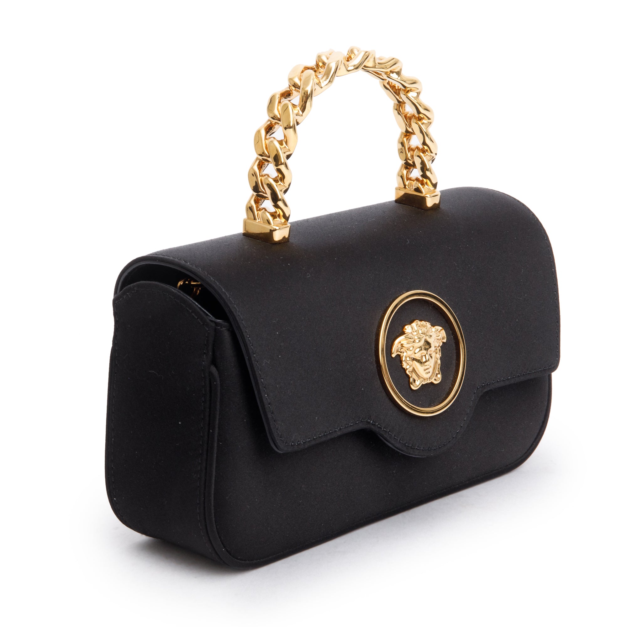 Versace 2024 Black Satin La Medusa Mini Handle Bag w/ Strap, Box & Receipt